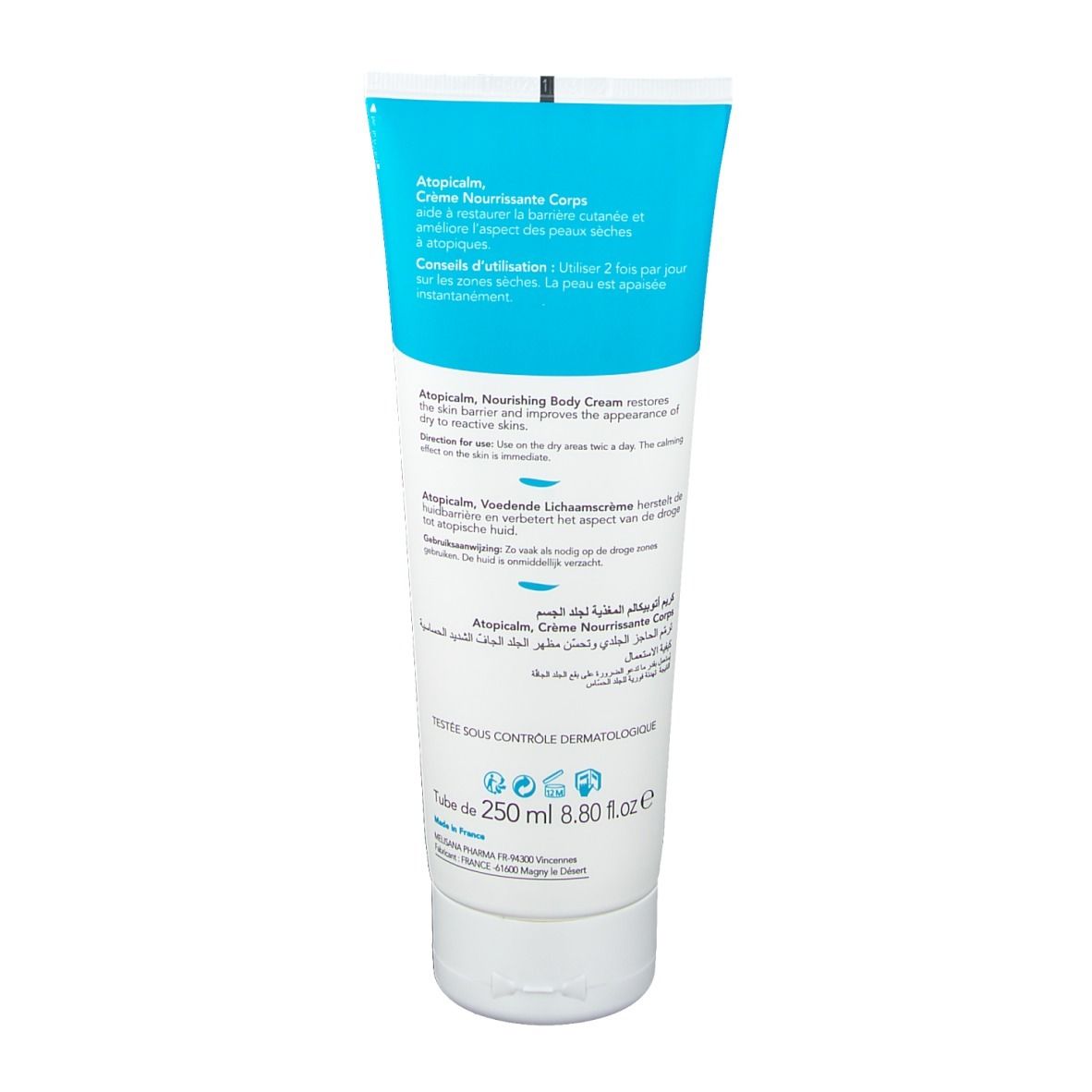 Rückseite der Dermagor Atopicalm Creme Tube. Text in mehreren Sprachen. Enthält Informationen zur Anwendung und Inhaltsstoffe.