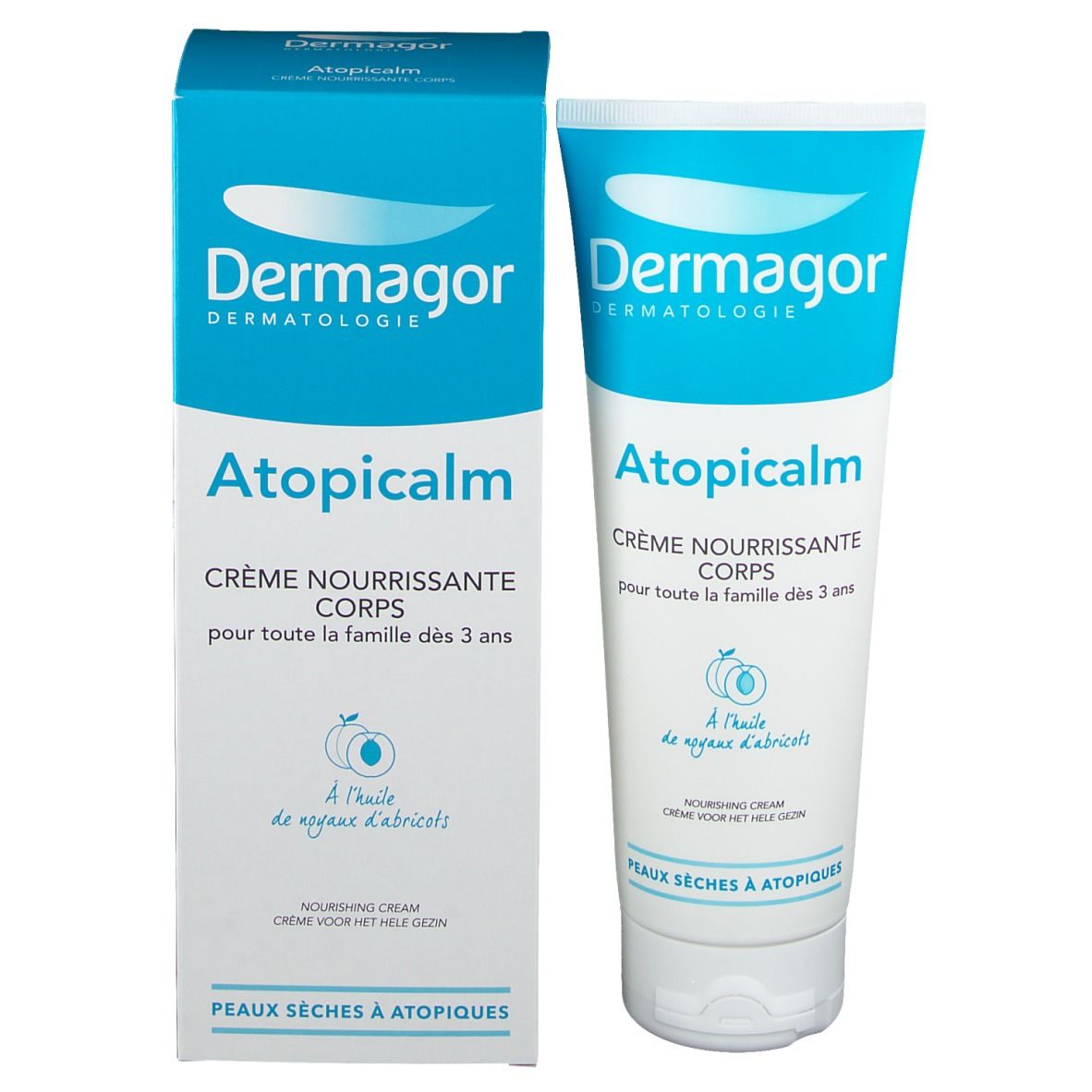 Dermagor Atopicalm Creme mit Verpackung. Beide zeigen: Atopicalm, Crème Nourrissante Corps. Für trockene, atopische Haut.
