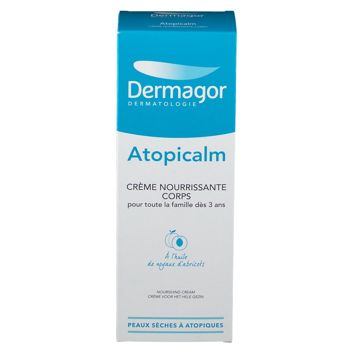 Verpackung der Dermagor Atopicalm Creme. Aufschrift: Atopicalm, Crème Nourrissante Corps. Für trockene, atopische Haut.