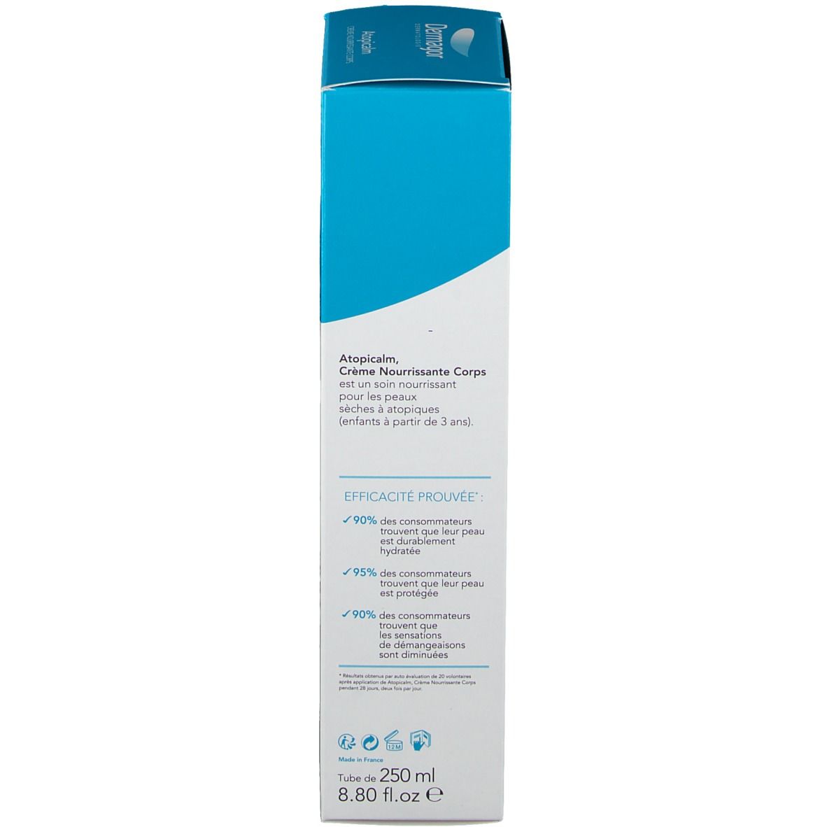 Rückseite der Dermagor Atopicalm Creme Verpackung. Text: Effizienz bewiesen. Informationen zur Anwendung und Inhaltsstoffe.