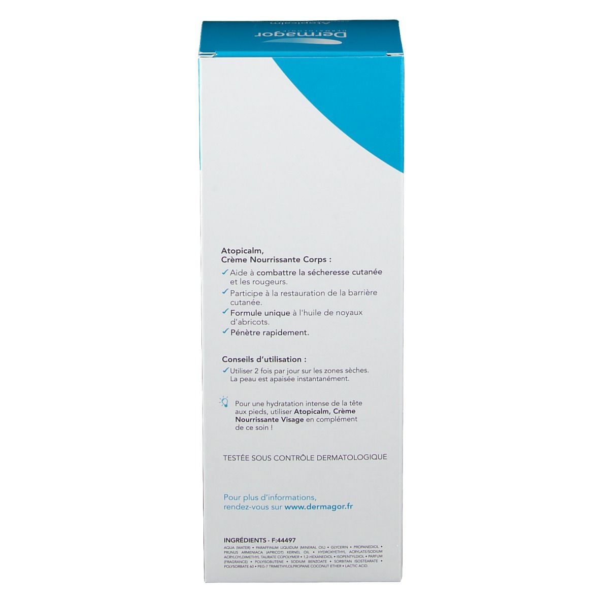 Seite der Dermagor Atopicalm Creme Verpackung. Text: Anwendungshinweise und Informationen zur Creme. Dermatologisch getestet.