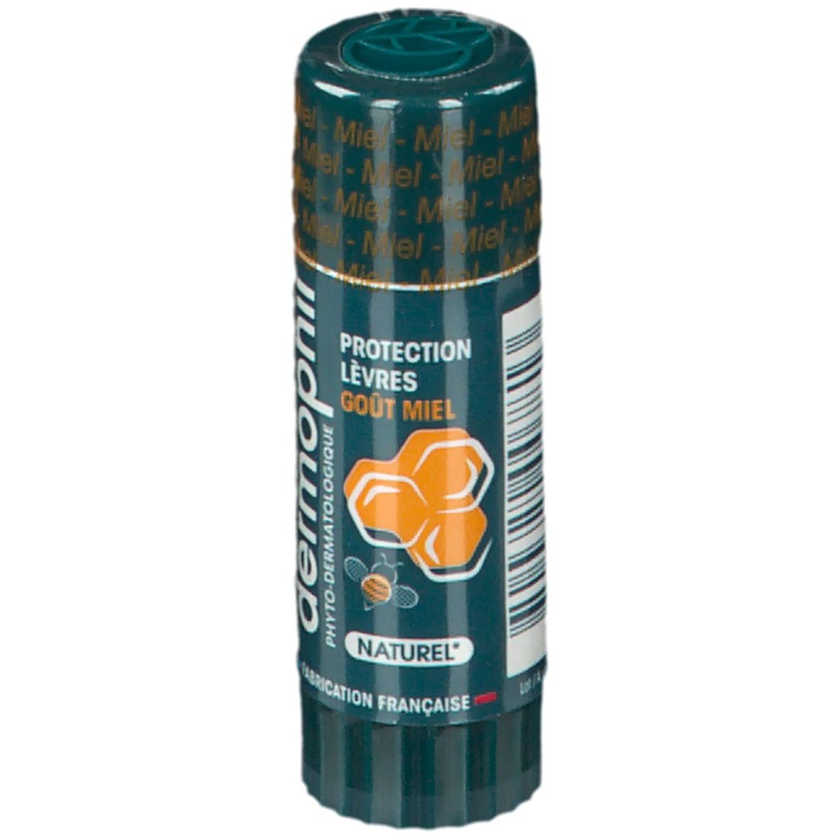 Stick de soin pour les lèvres vert. Inscription: Protection lèvres goût miel. Logo: Rayon de miel.