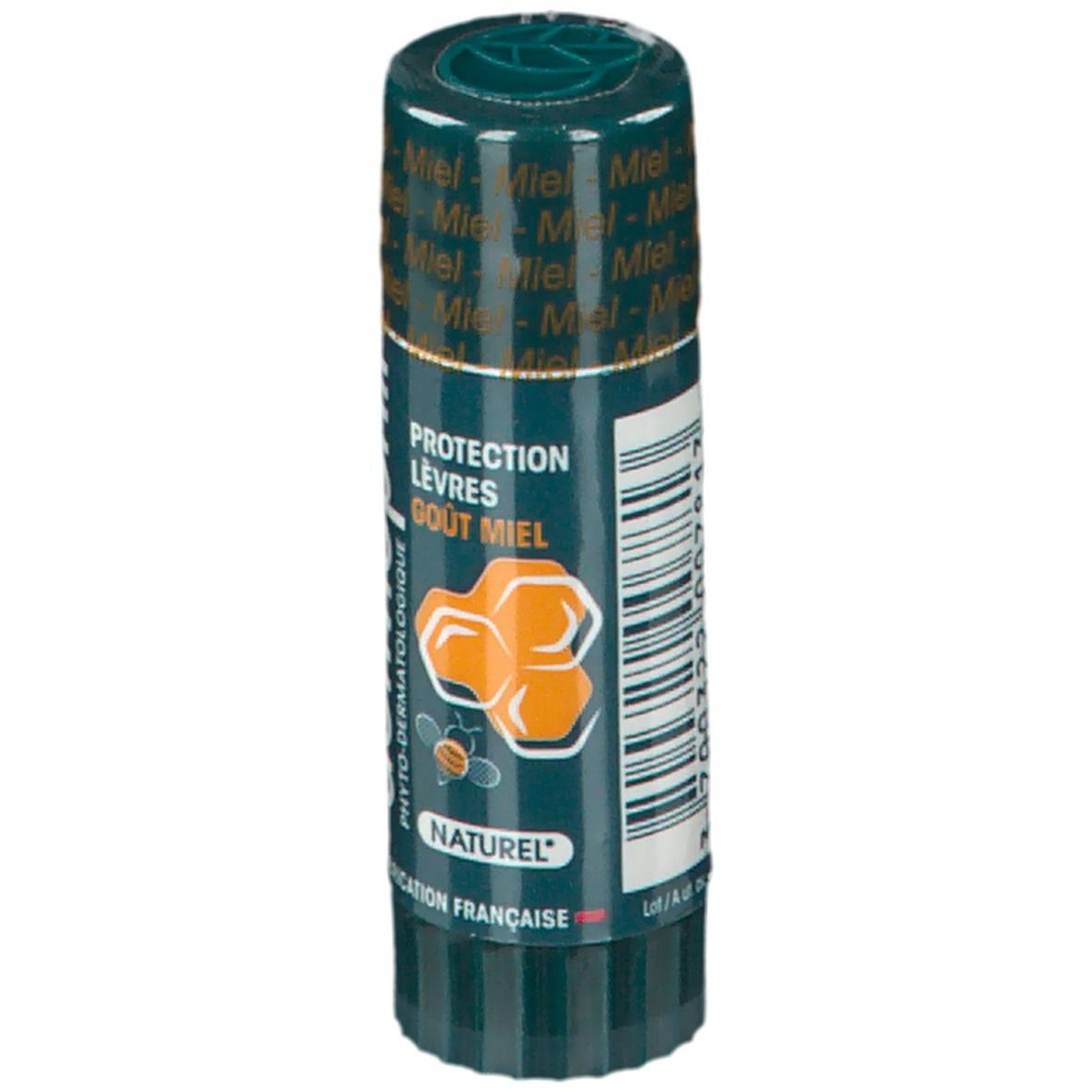 Stick de soin pour les lèvres vert. Inscription: Protection lèvres goût miel. Logo: Rayon de miel.
