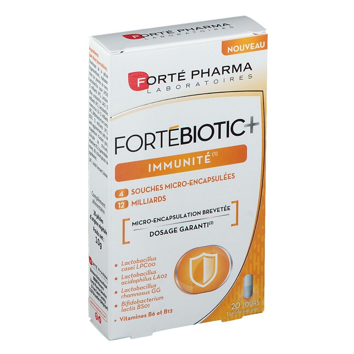 Boîte Fortébiotic+ IMMUNITÉ. Accents orange, nom du produit et logo. Contient 20 gélules.