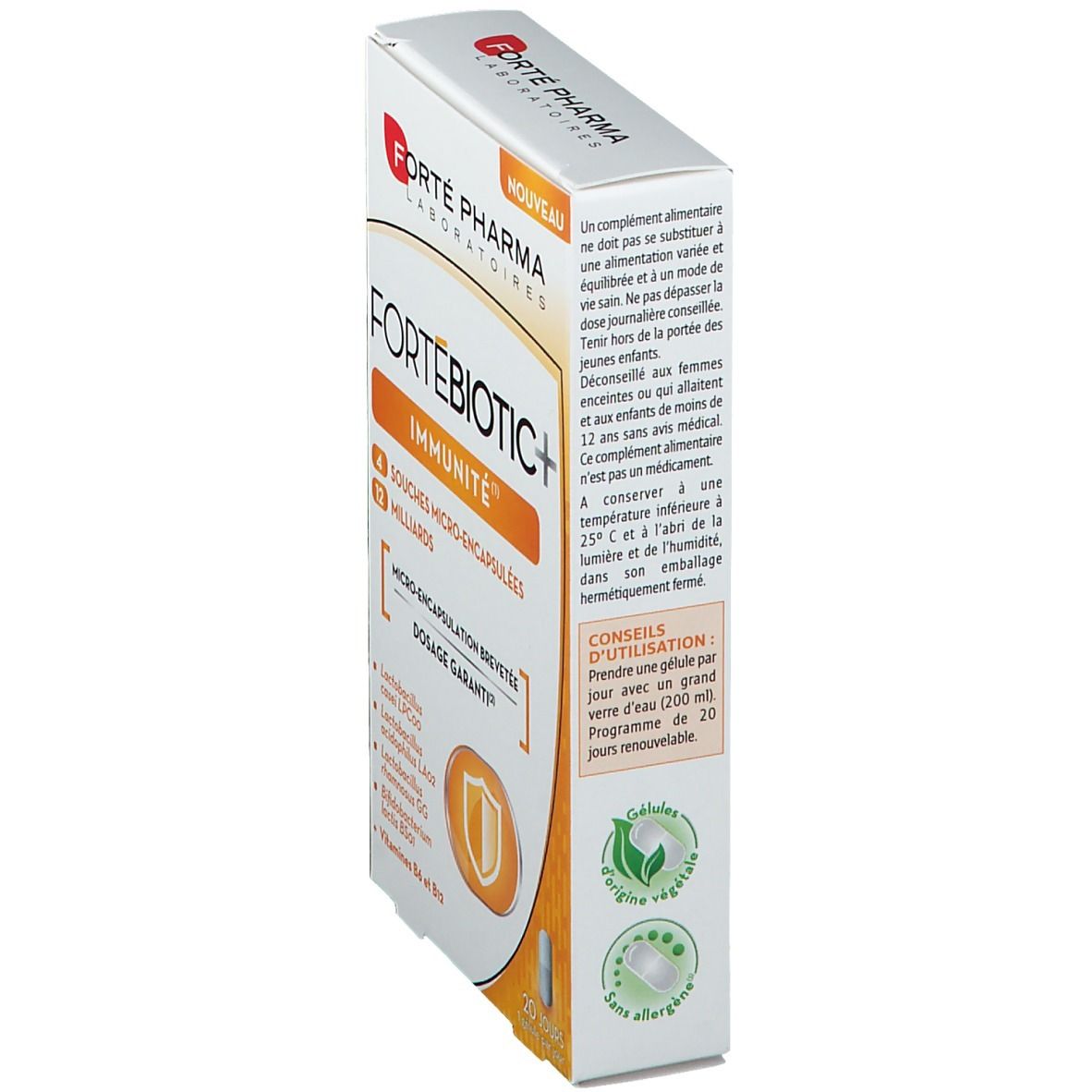 Boîte Fortébiotic+ IMMUNITÉ, vue latérale. Accents orange, nom et logo. 20 gélules.