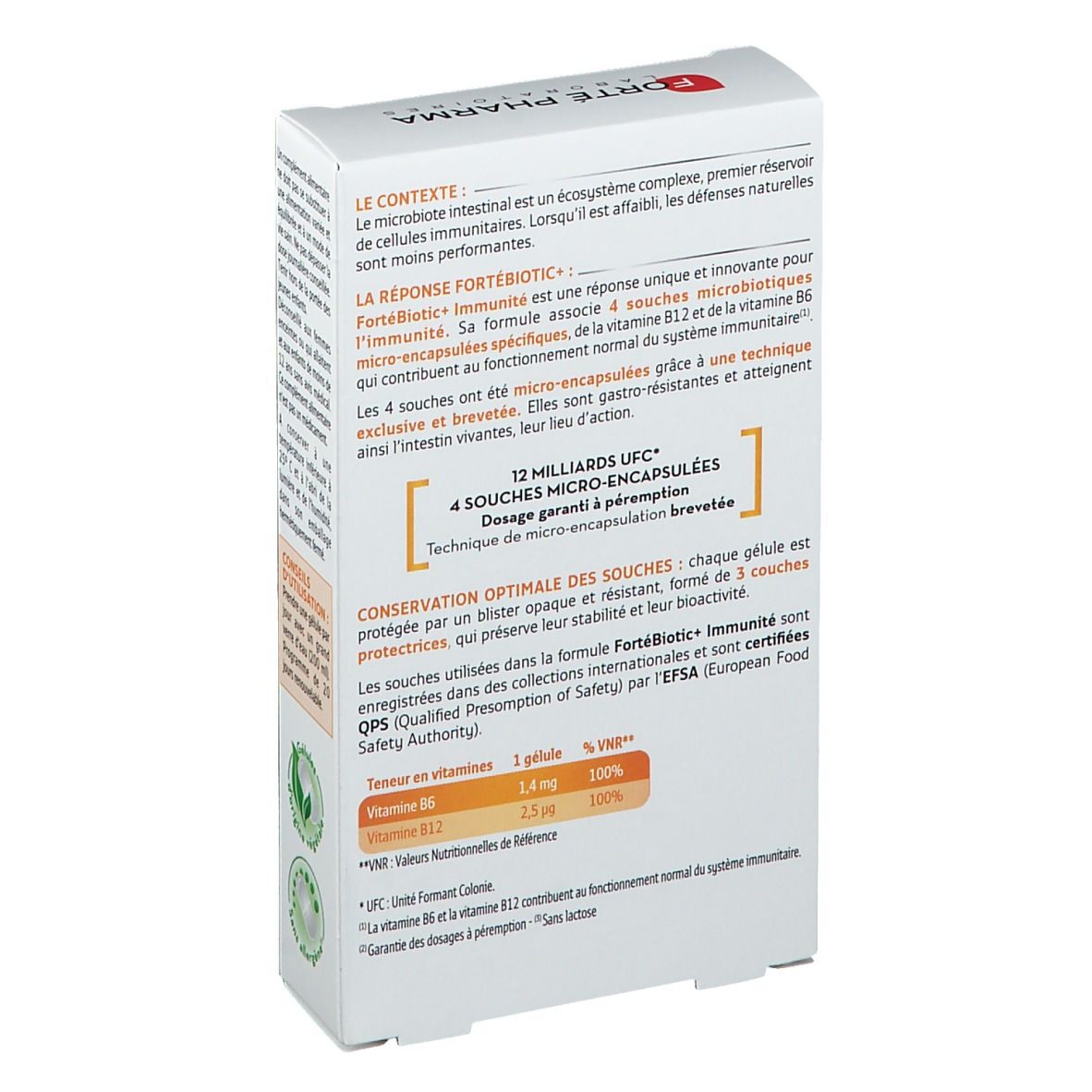 Dos de la boîte Fortébiotic+ IMMUNITÉ. Informations textuelles, accents orange. Contient 12 milliards d'UFC.