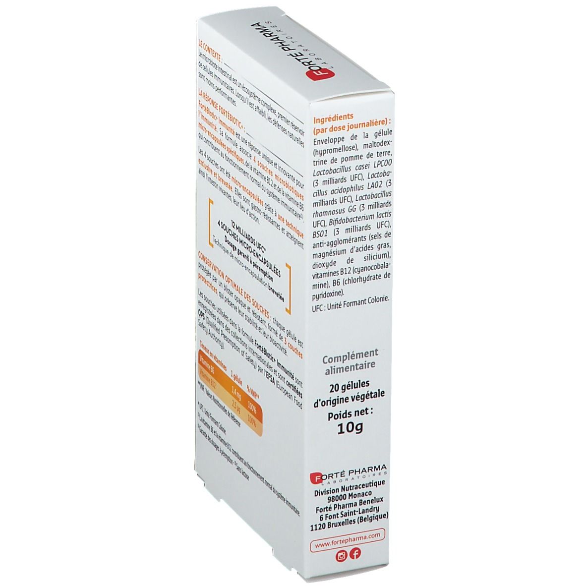 Vue latérale de la boîte Fortébiotic+ IMMUNITÉ. Informations textuelles, accents orange. Poids net 10g.