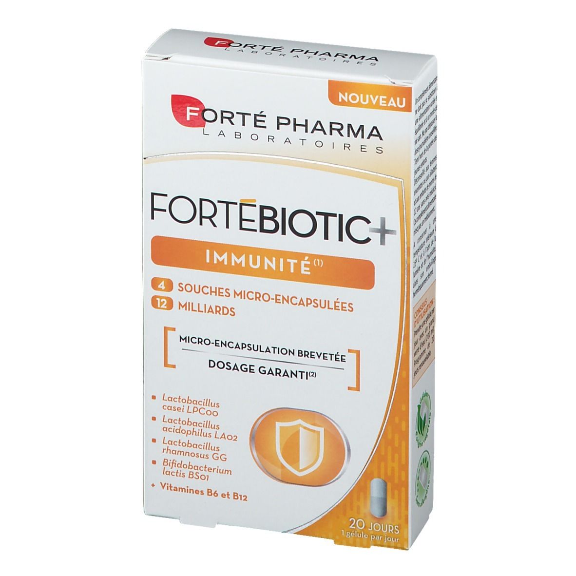 Boîte Fortébiotic+ IMMUNITÉ. Accents orange, nom du produit et logo. Contient 20 gélules.