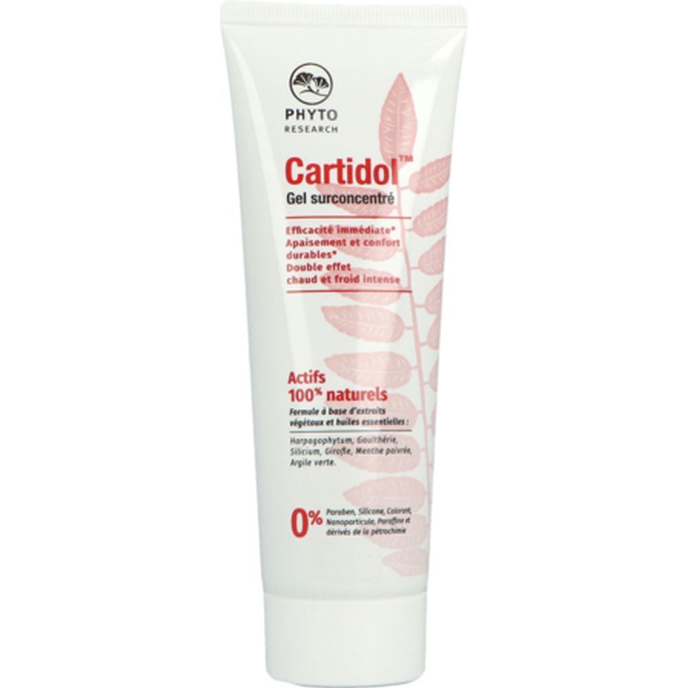 Tube blanc avec inscription : Cartidol Gel surconcentré. Ingrédients 100% naturels. Logo et motif de feuilles. Drapeau français.