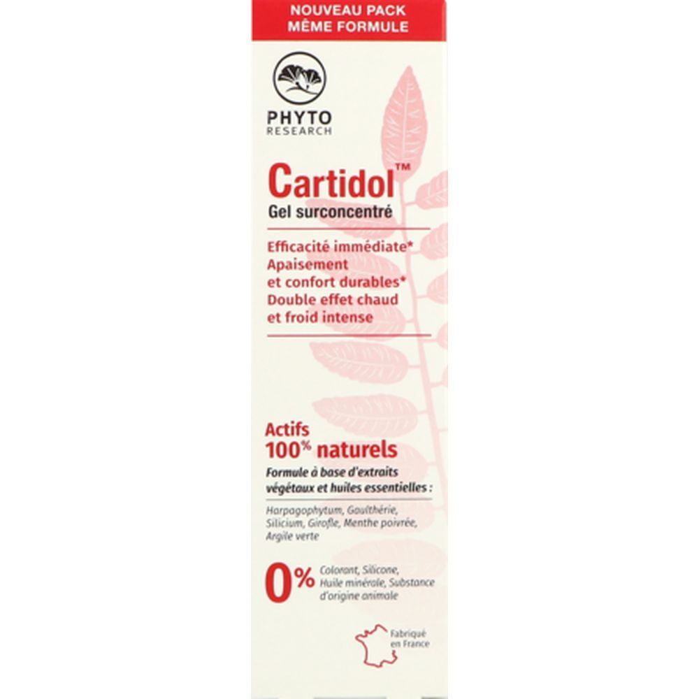 Emballage carton avec inscription : Cartidol Gel surconcentré. Ingrédients 100% naturels. Drapeau français. Couleurs rouge et blanc.