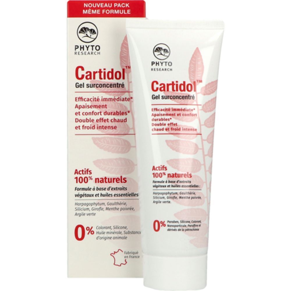 Tube et emballage carton blancs. Inscription : Cartidol Gel surconcentré. Ingrédients 100% naturels. Drapeau français.