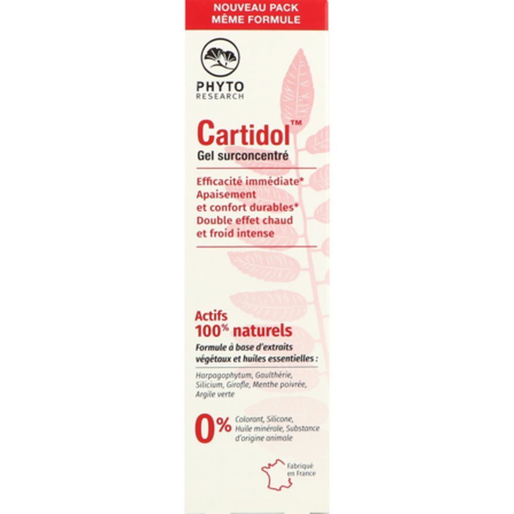 Emballage carton avec inscription : Cartidol Gel surconcentré. Ingrédients 100% naturels. Drapeau français. Couleurs rouge et blanc.