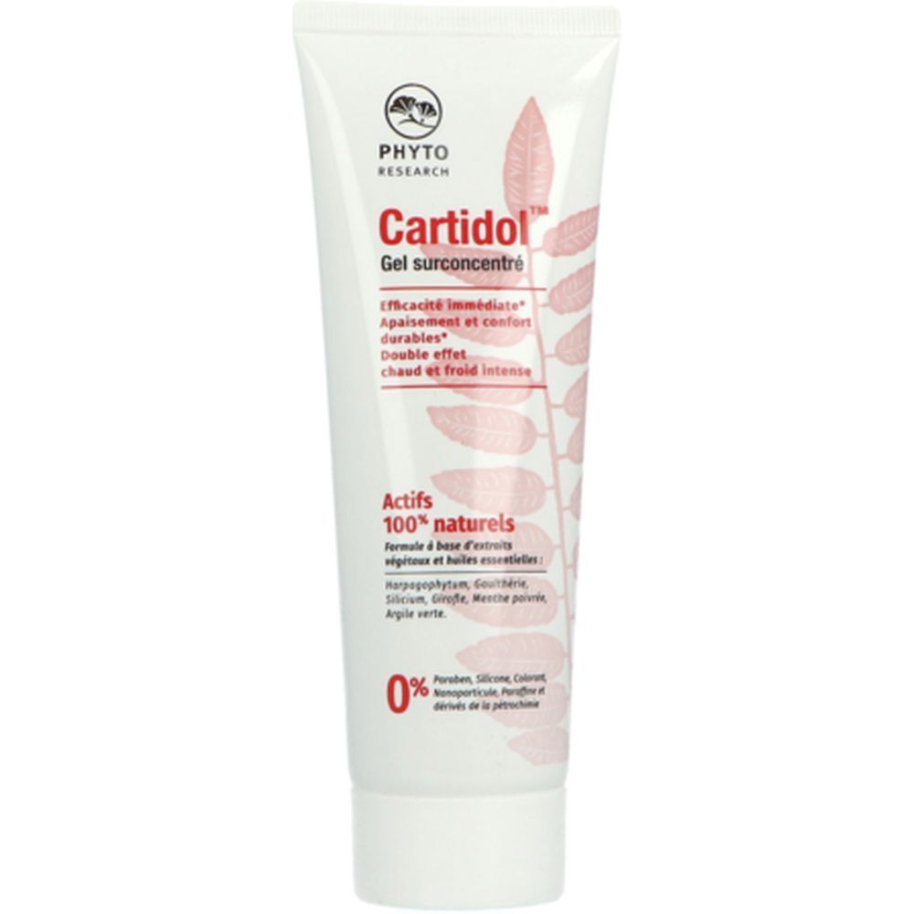 Tube blanc avec inscription : Cartidol Gel surconcentré. Ingrédients 100% naturels. Logo et motif de feuilles. Drapeau français.