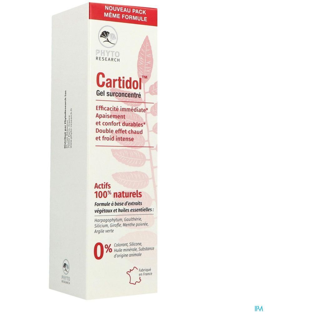 Emballage carton avec inscription : Cartidol Gel surconcentré. Ingrédients 100% naturels. Drapeau français. Couleurs rouge et blanc.