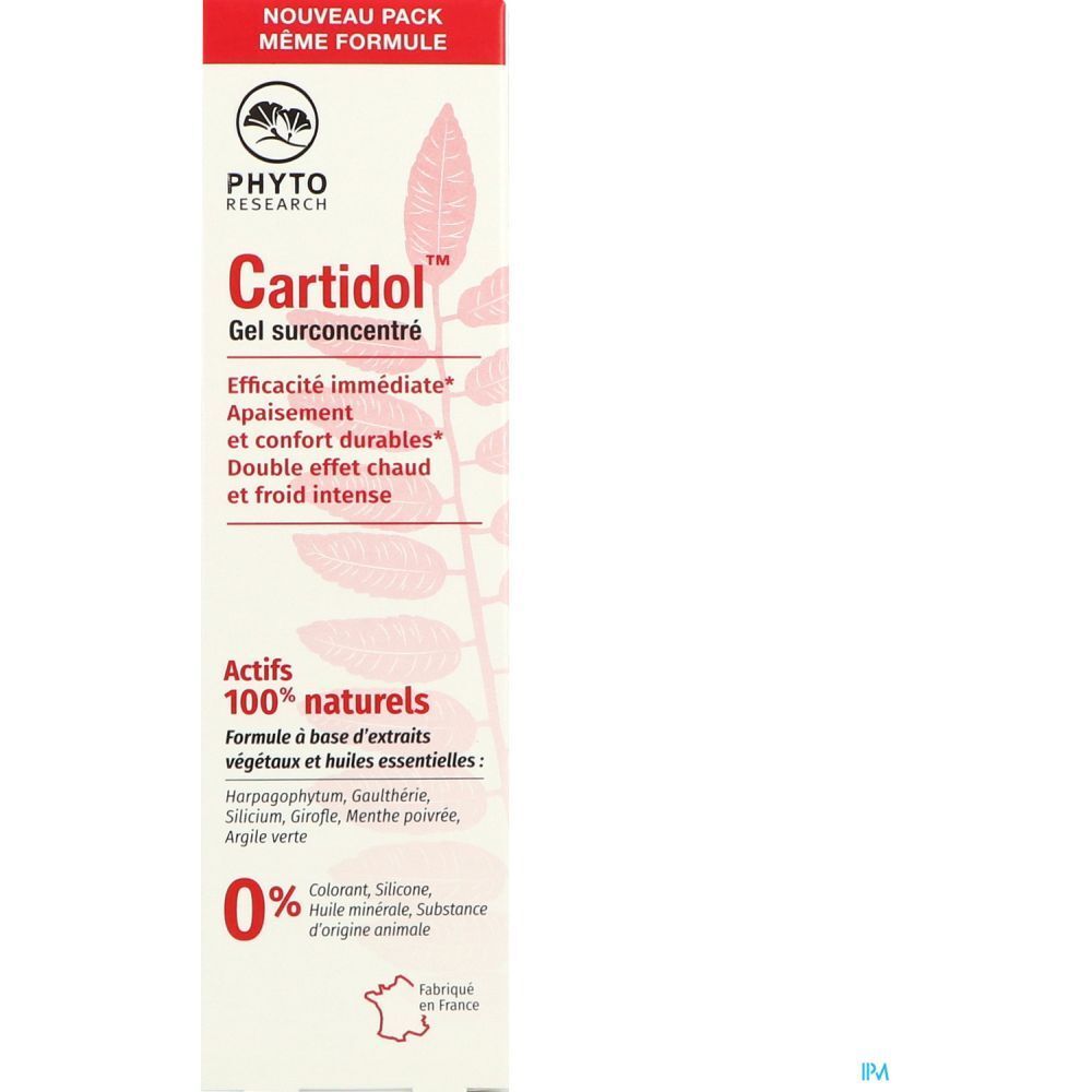 Emballage carton avec inscription : Cartidol Gel surconcentré. Ingrédients 100% naturels. Drapeau français. Couleurs rouge et blanc.