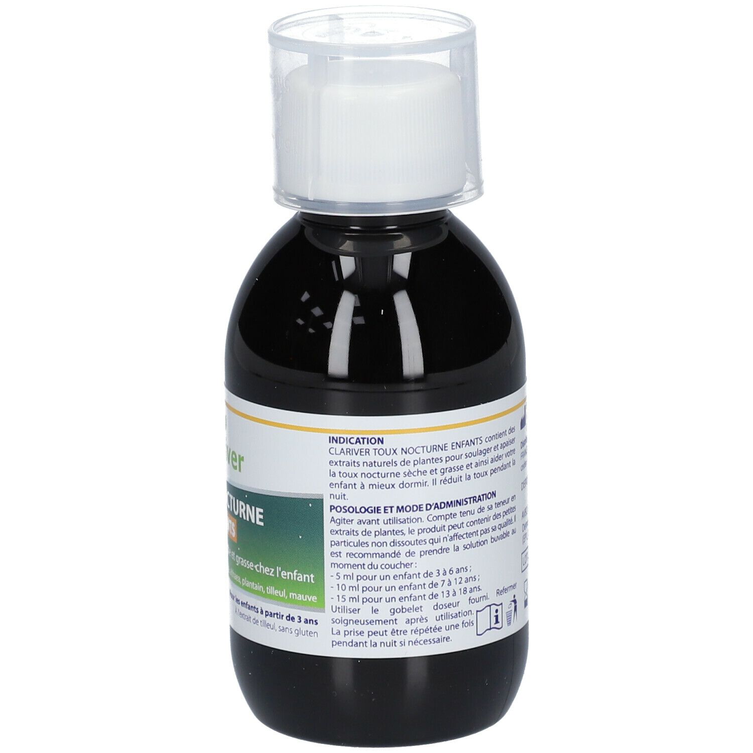 Flacon brun avec bouchon blanc. Informations de dosage au dos.