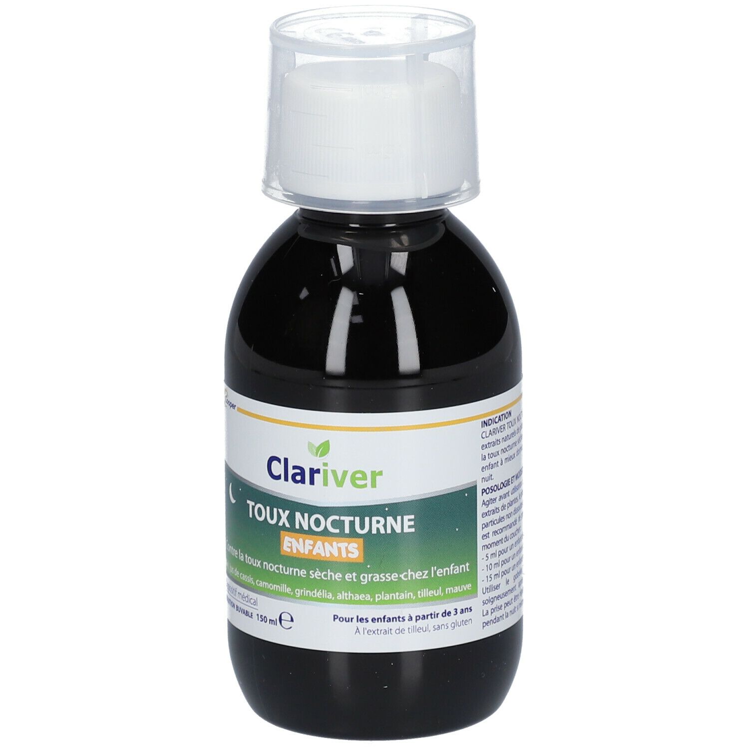 Flacon brun avec bouchon blanc. Inscription: Clariver Toux Nocturne Enfants. 150 ml.