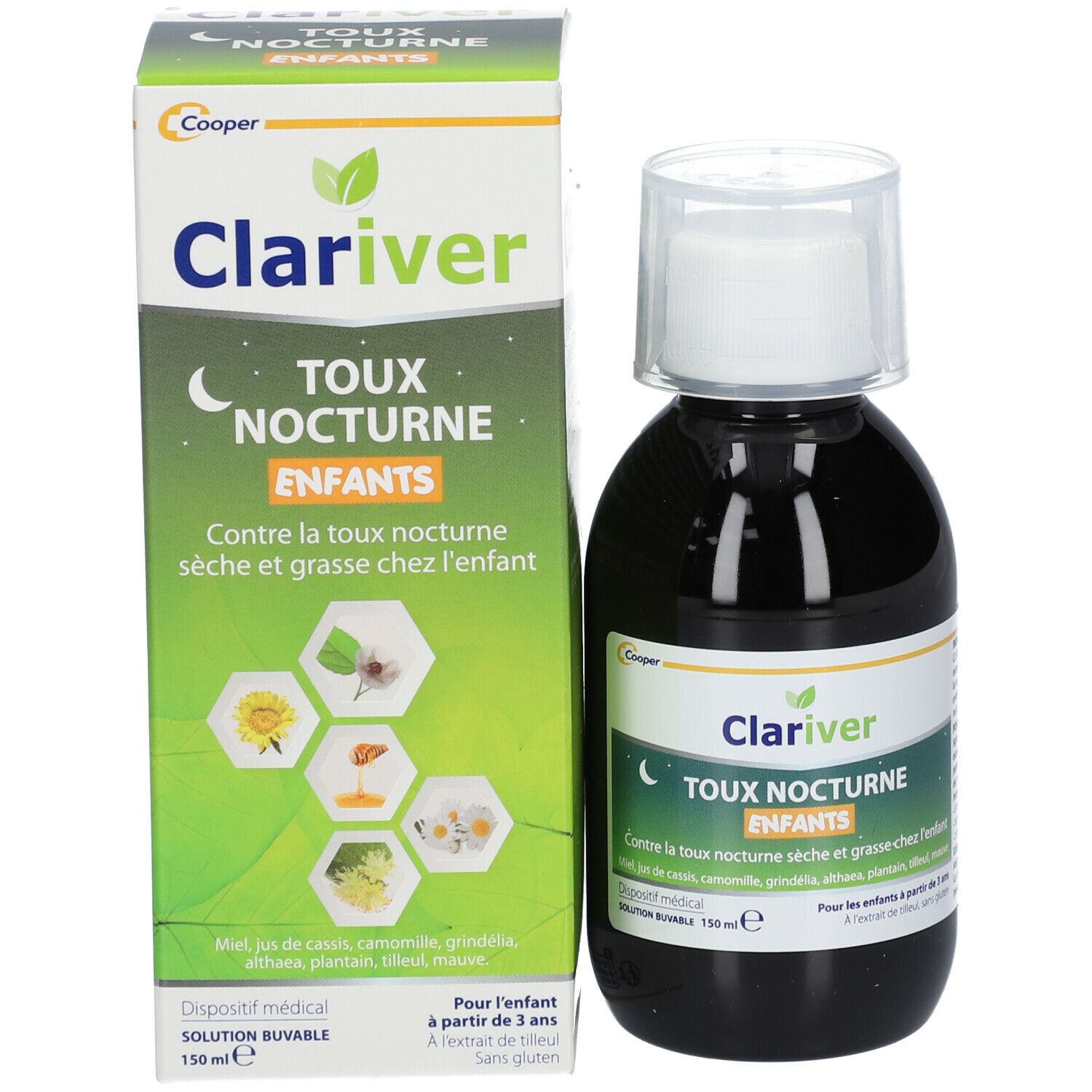 Flacon brun et boîte. Inscription: Clariver Toux Nocturne Enfants. 150 ml. Illustrations sur la boîte.