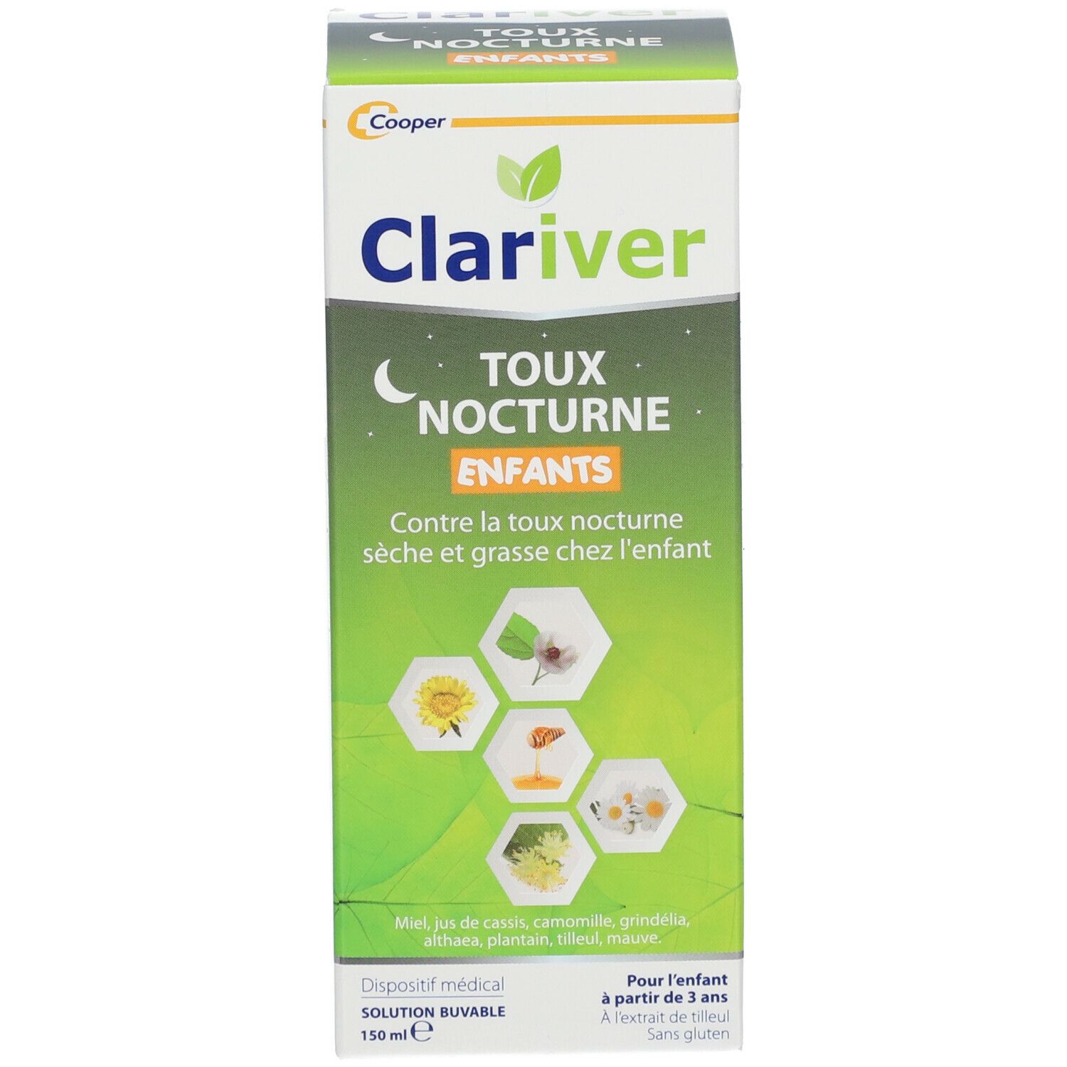 Boîte avec inscription: Clariver Toux Nocturne Enfants. 150 ml. Illustrations de plantes et miel.