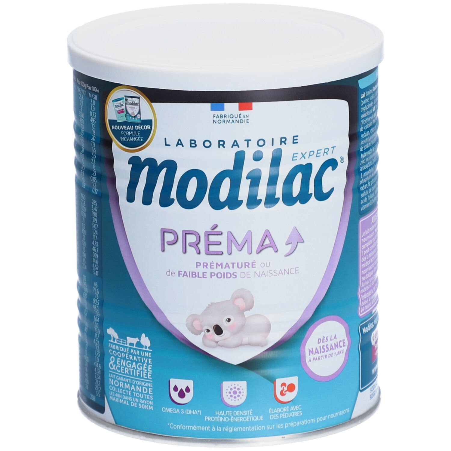 Boîte de lait Modilac Expert Préma. Inscription Préma, illustration koala. Dès la naissance. Oméga 3, haute densité énergétique.