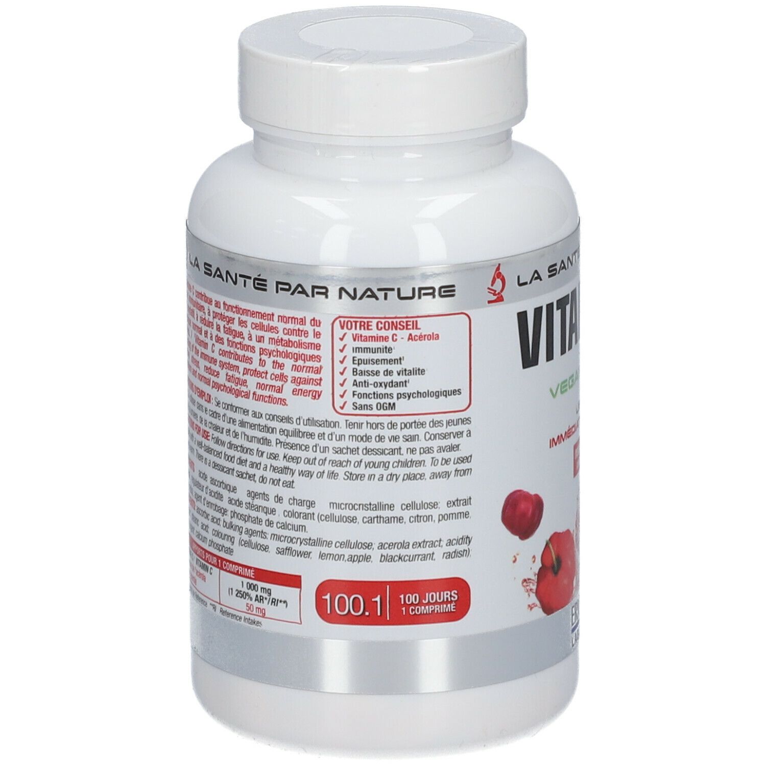 Dos de la bouteille blanche. Texte : "VITAMINE C". Vegan. 100 comprimés. Ingrédients et conseils d'utilisation.
