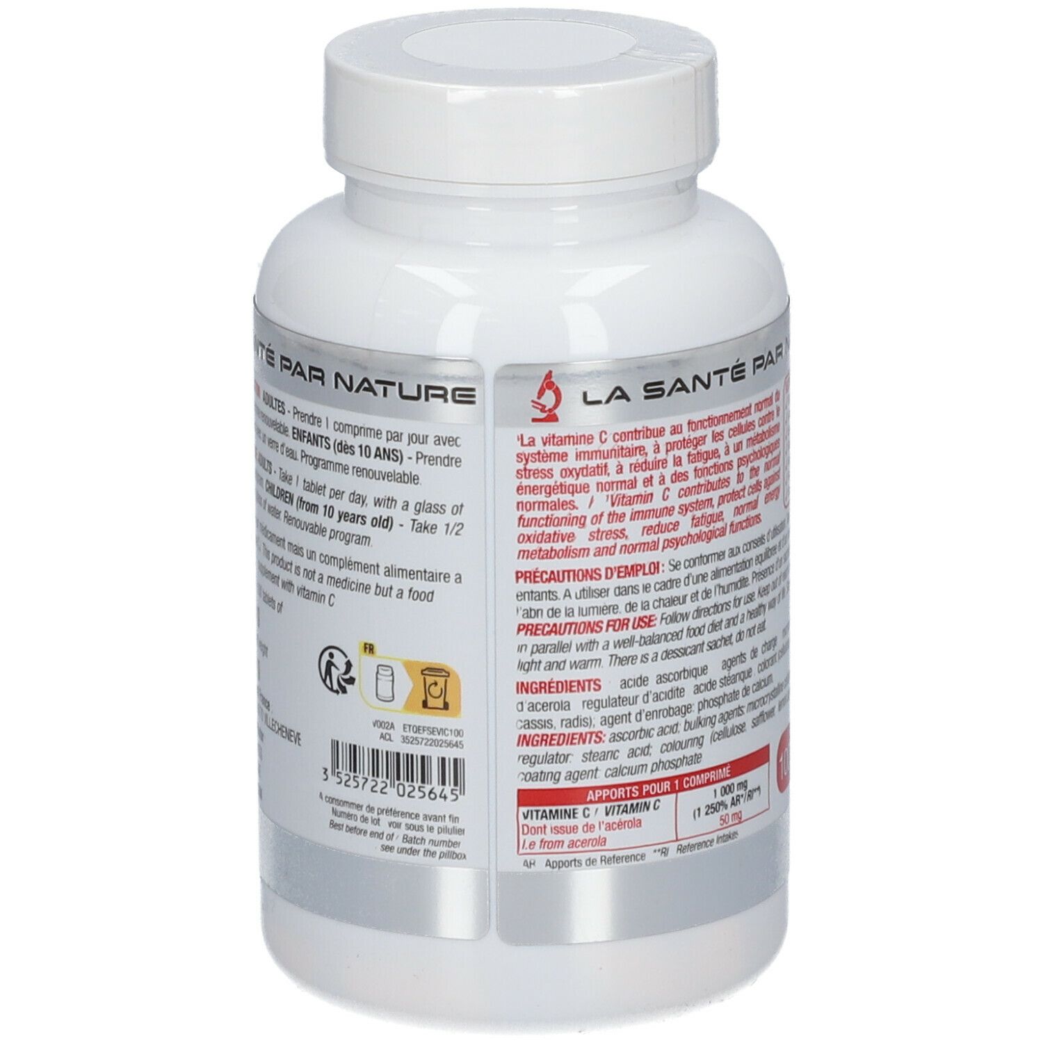 Dos de la bouteille blanche. Texte : "VITAMINE C". Vegan. Ingrédients, conseils d'utilisation et avertissements.
