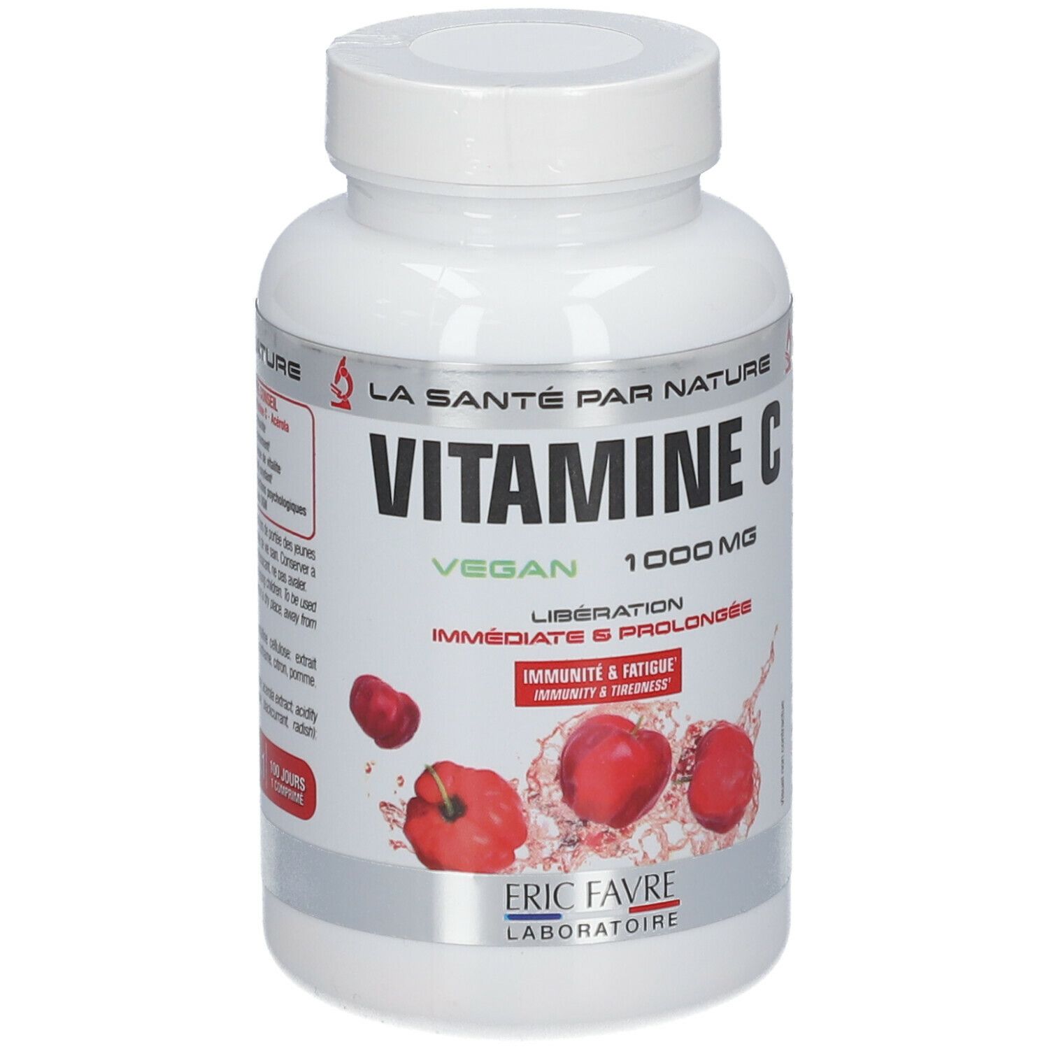 Flacon blanc "VITAMINE C" Vegan, 1000 mg. Illustration de fruits rouges. Marque : ERIC FAVRE LABORATOIRE.