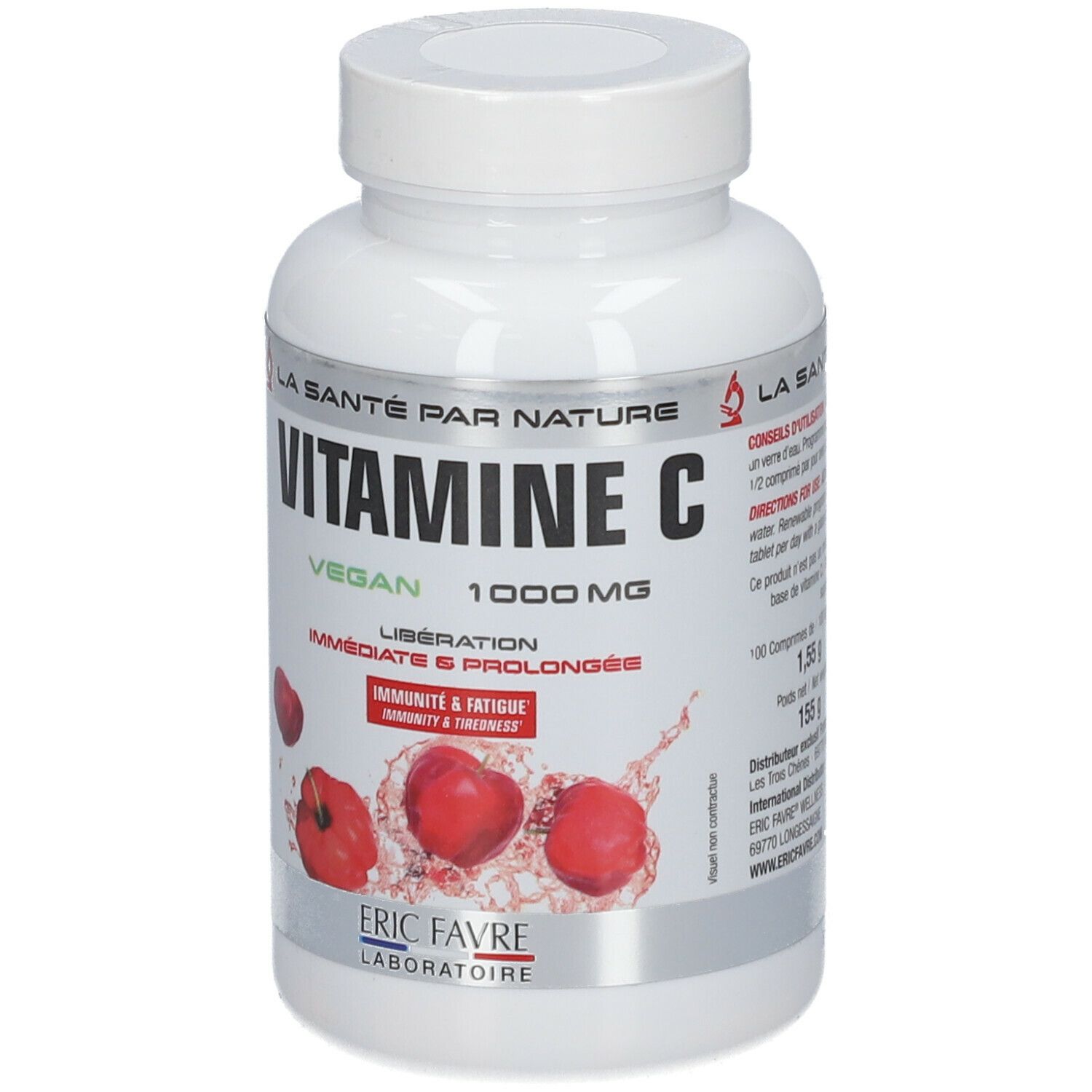 Flacon blanc "VITAMINE C" Vegan, 1000 mg. Illustration de fruits rouges. Marque : ERIC FAVRE LABORATOIRE.