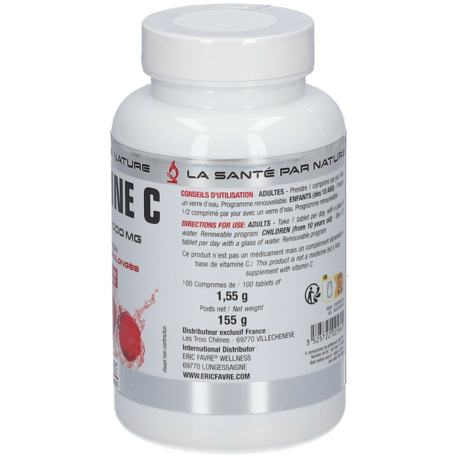 Dos de la bouteille blanche. Texte : "VITAMINE C". Vegan. 100 comprimés. Ingrédients, conseils et avertissements.