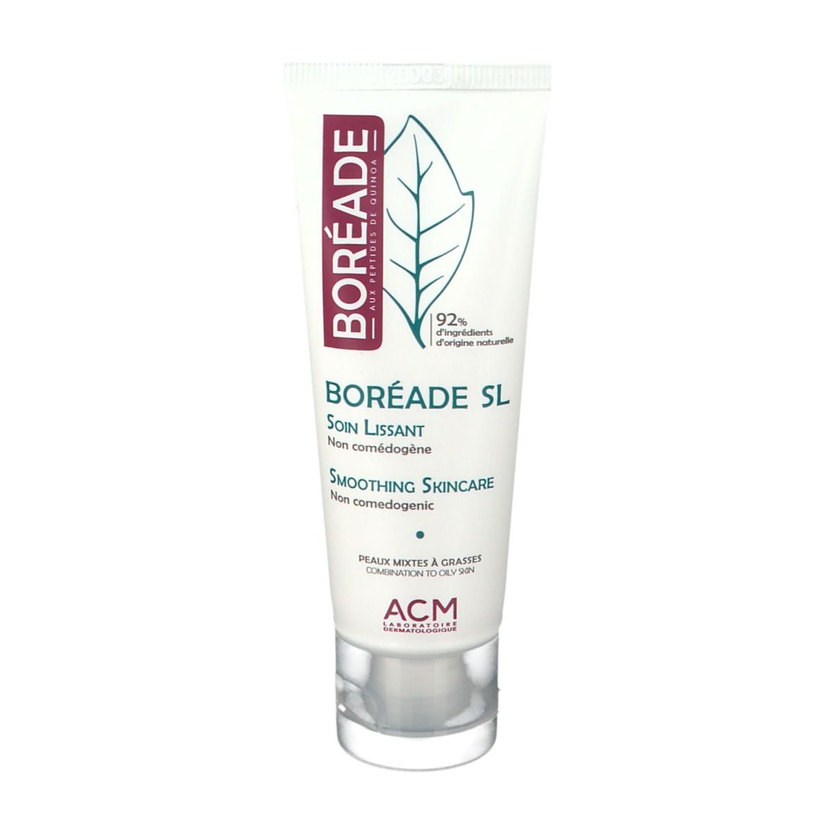 Tube blanc BORÉADE SL, logo feuille et texte. Contient 92% d'ingrédients d'origine naturelle. Bouchon transparent.