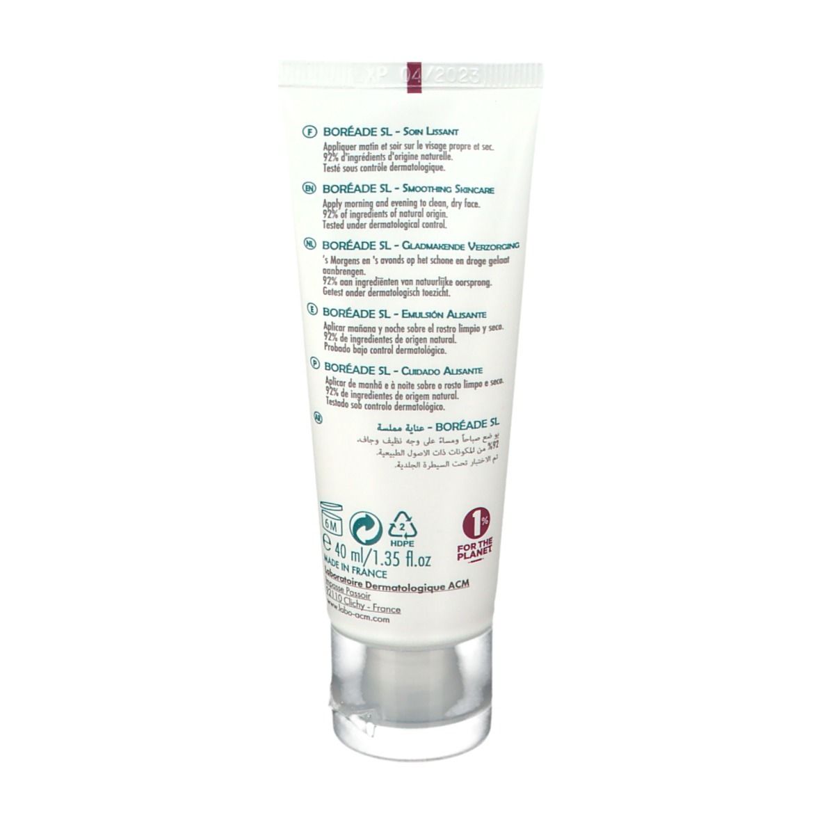 Dos du tube blanc. Texte multilingue. Contient 40 ml/1.35 fl.oz. Logo 'For the Planet'.