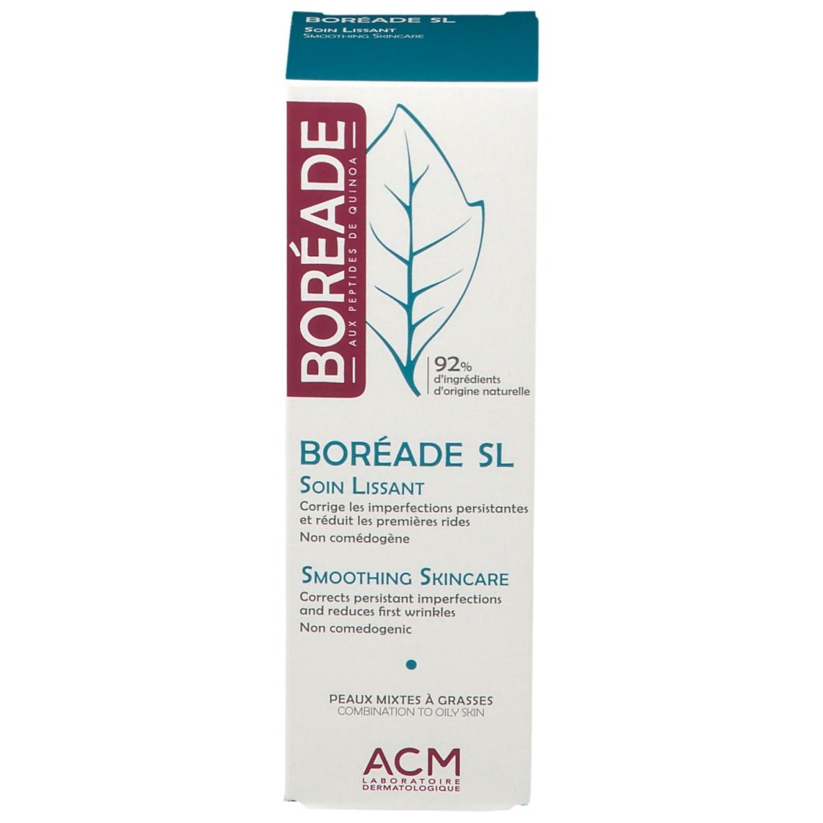 Emballage carton. BORÉADE SL, logo feuille et texte. Contient 92% d'ingrédients d'origine naturelle. Fond blanc.