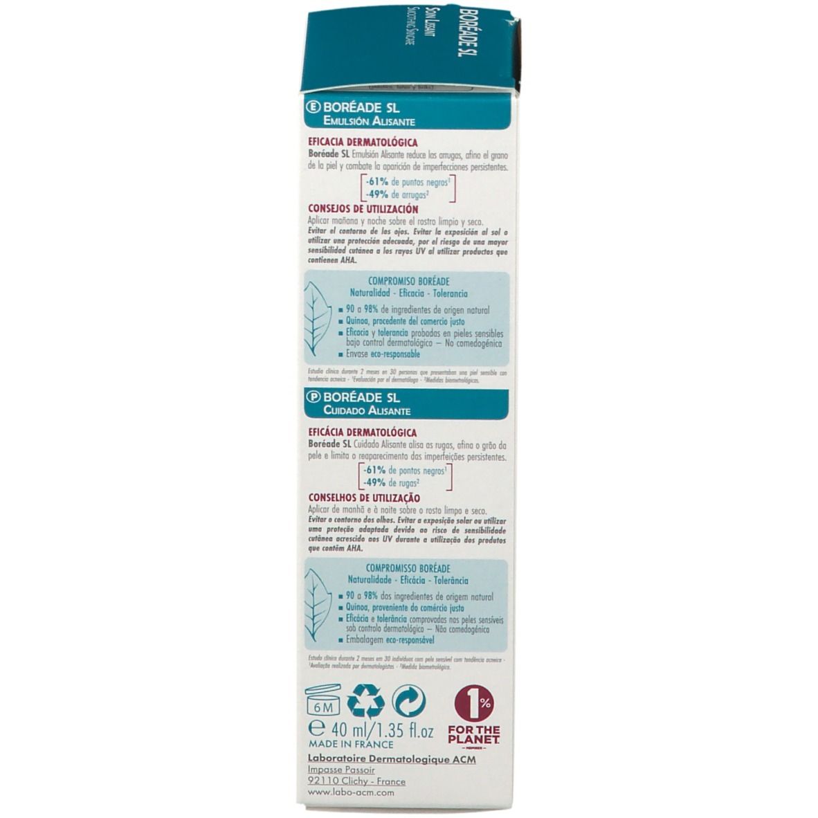 Dos de l'emballage carton. Texte multilingue. Contient 40 ml/1.35 fl.oz. Logo 'For the Planet'.