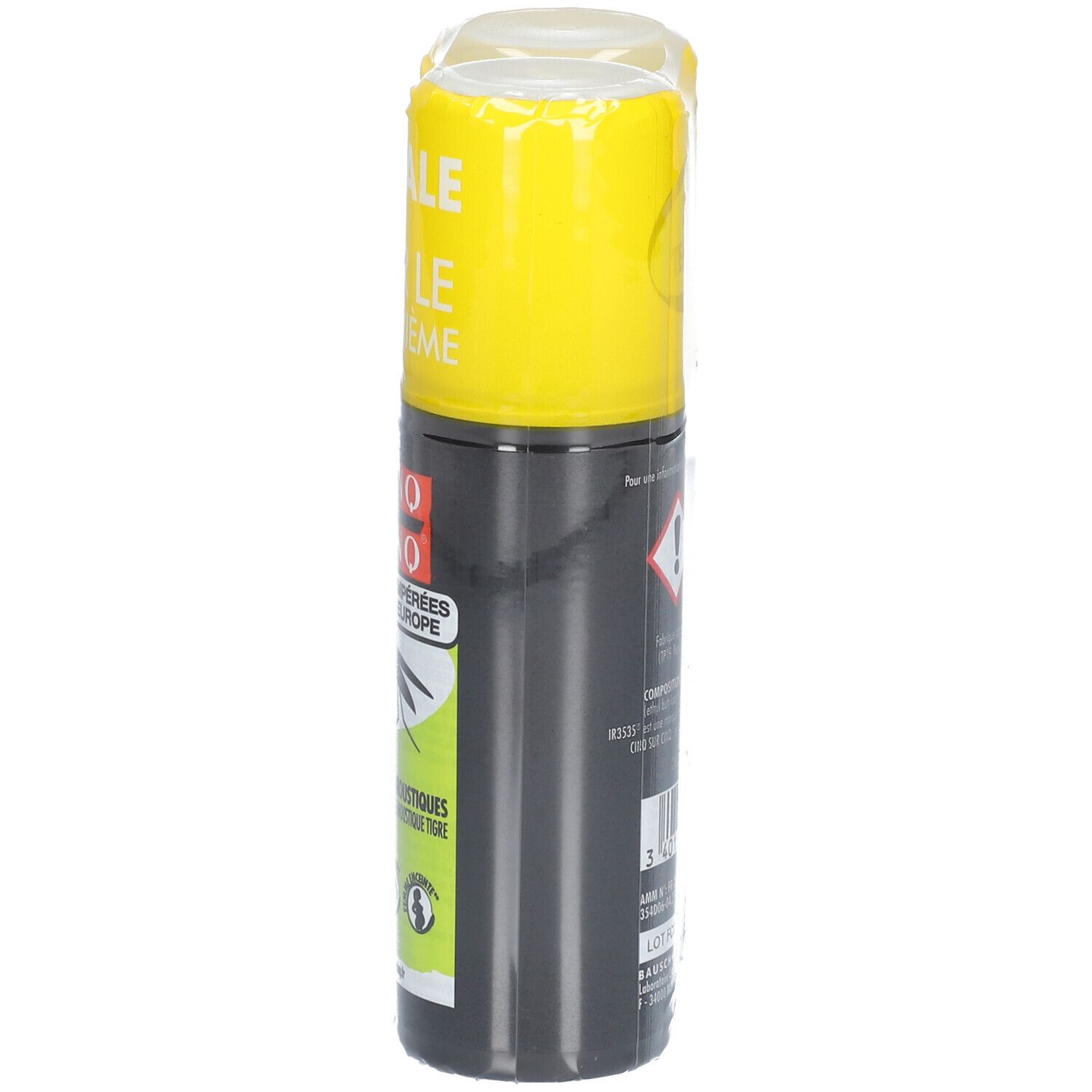 Un flacon avec étiquette noire. Inscription: CINQ SUR CINQ, lotion anti-moustiques. Emballage jaune avec offre: -50%.