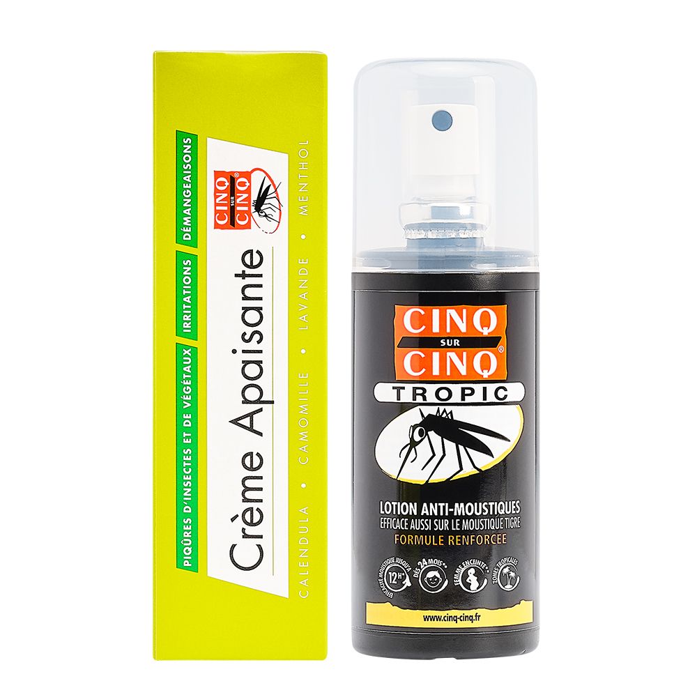 Spray anti-moustiques et crème apaisante. Flacon noir, étiquette blanche. Boîte jaune pour la crème.