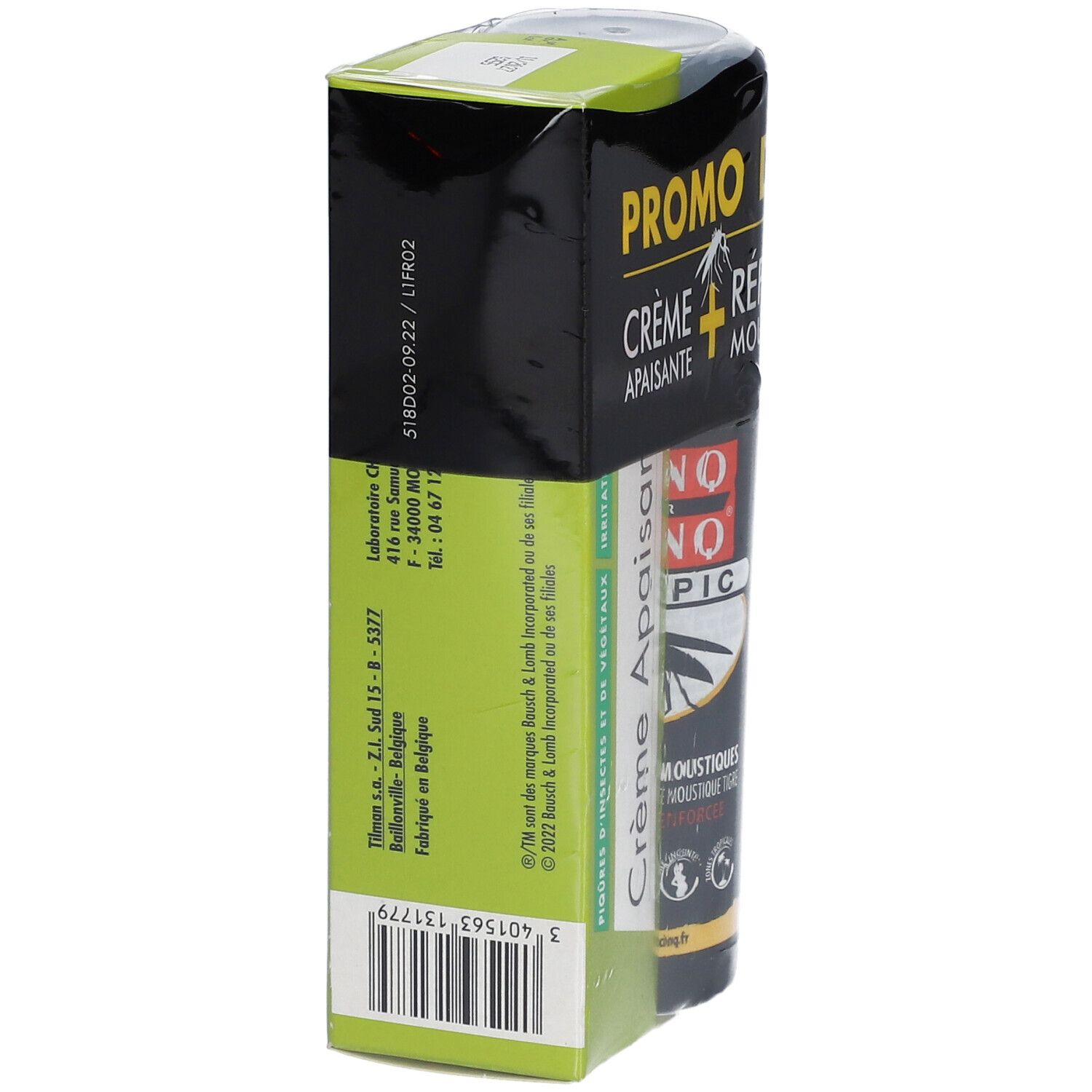 Emballage de crème et spray. Boîte verte avec informations produit. Flacon noir visible.