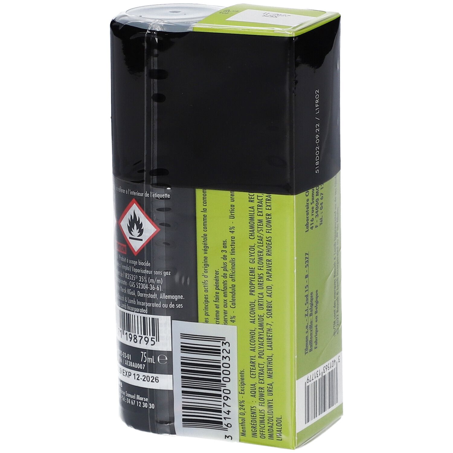 Dos de l'emballage. Informations produit sur fond vert. Flacon noir visible.