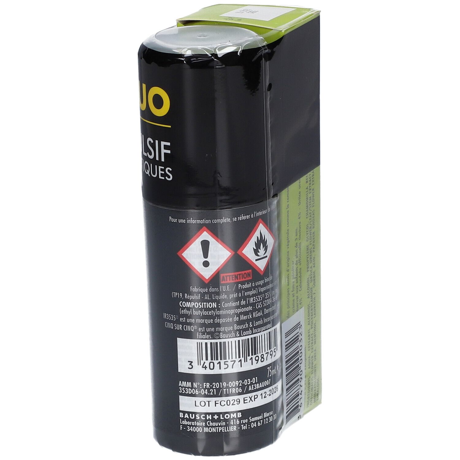 Dos de l'emballage. Informations produit sur fond vert. Flacon noir visible.