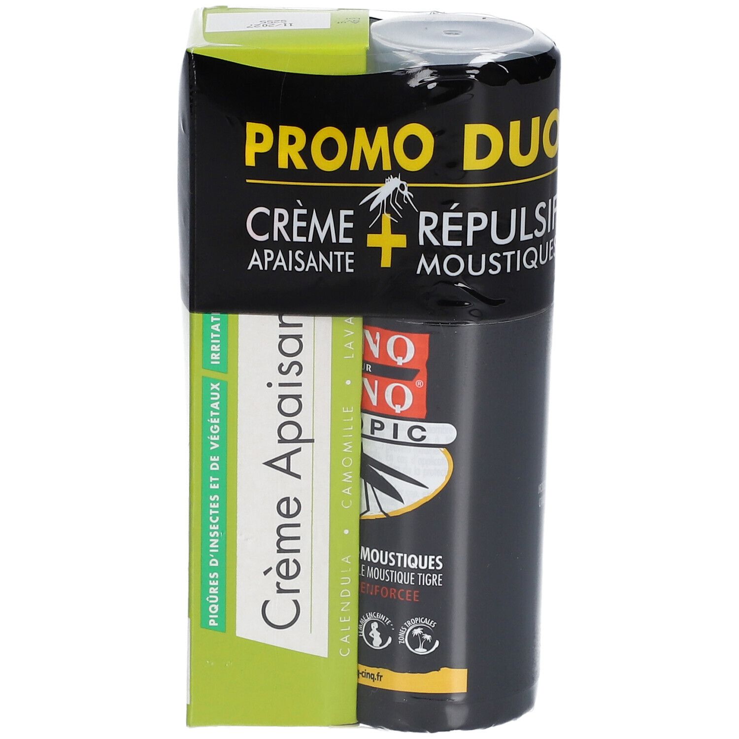 Promo Duo: Crème et spray. Emballé. Flacon noir, boîte verte. Informations produit.