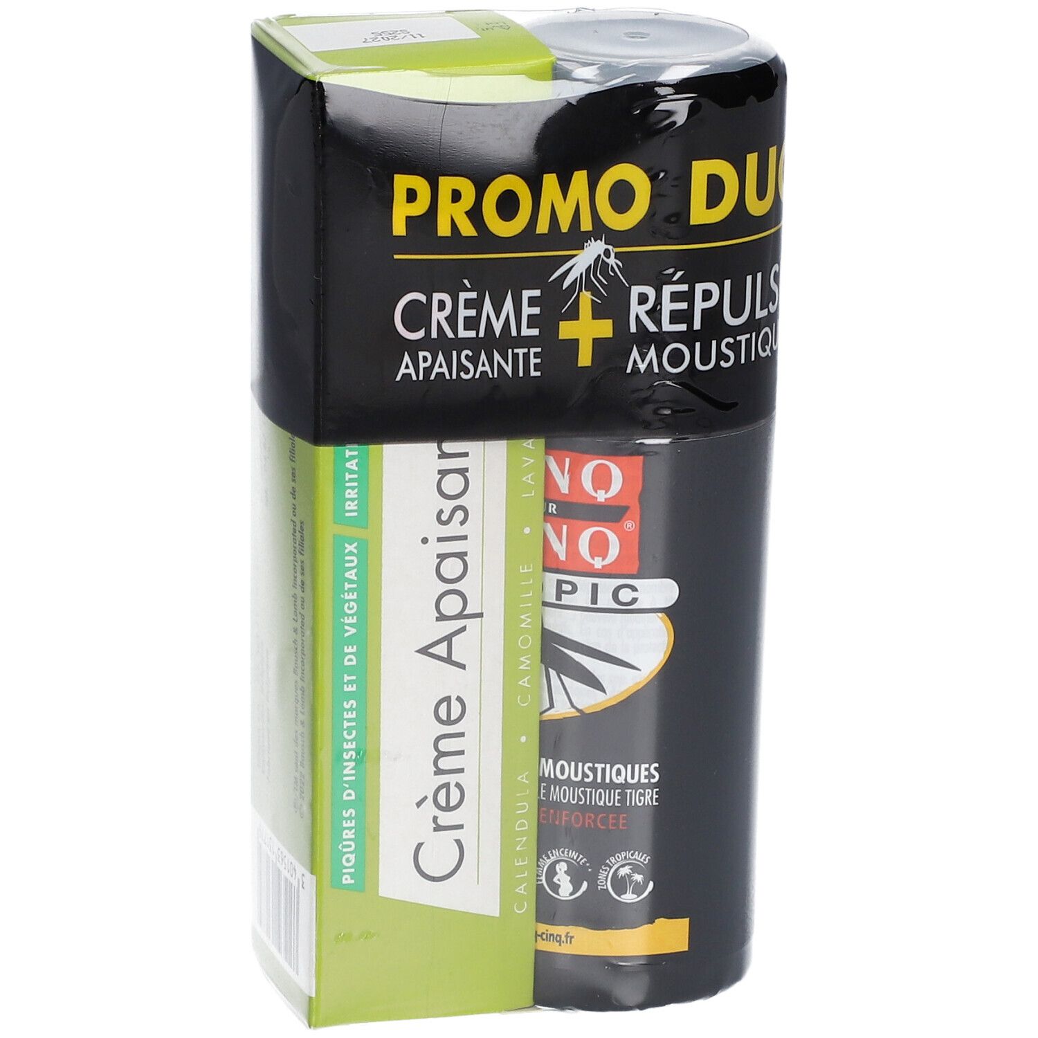 Promo Duo: Crème et spray. Emballé. Flacon noir, boîte verte. Informations produit.