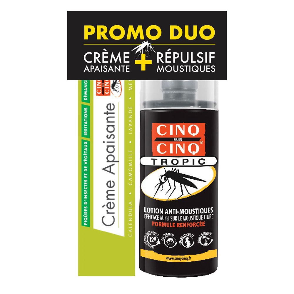 Promo Duo: Spray et crème. Flacon noir, étiquette blanche. Boîte verte pour la crème.