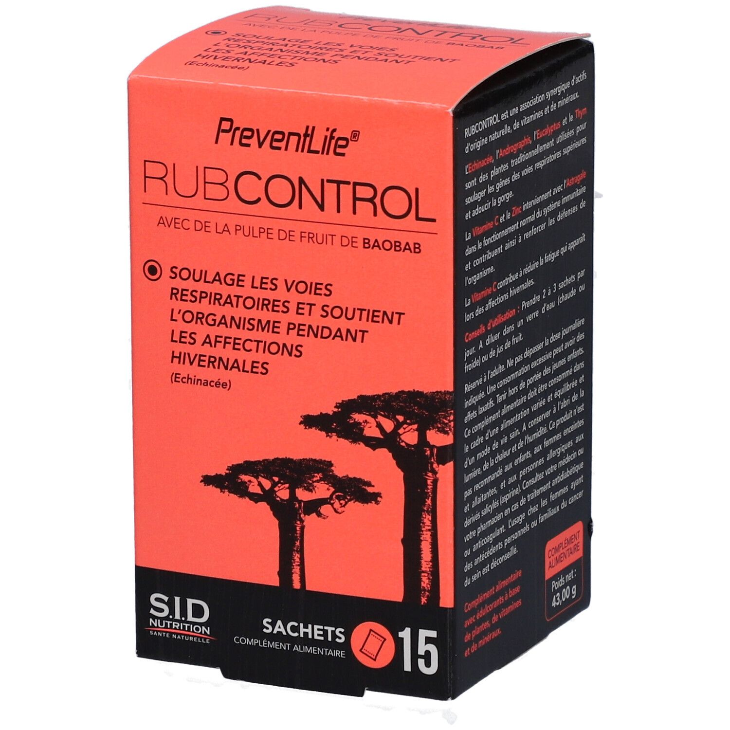 Boîte rouge PREVENTLIFE RUBCONTROL SACH 15. Texte: 'Soulae les voies respiratoires'. Illustration d'arbres.