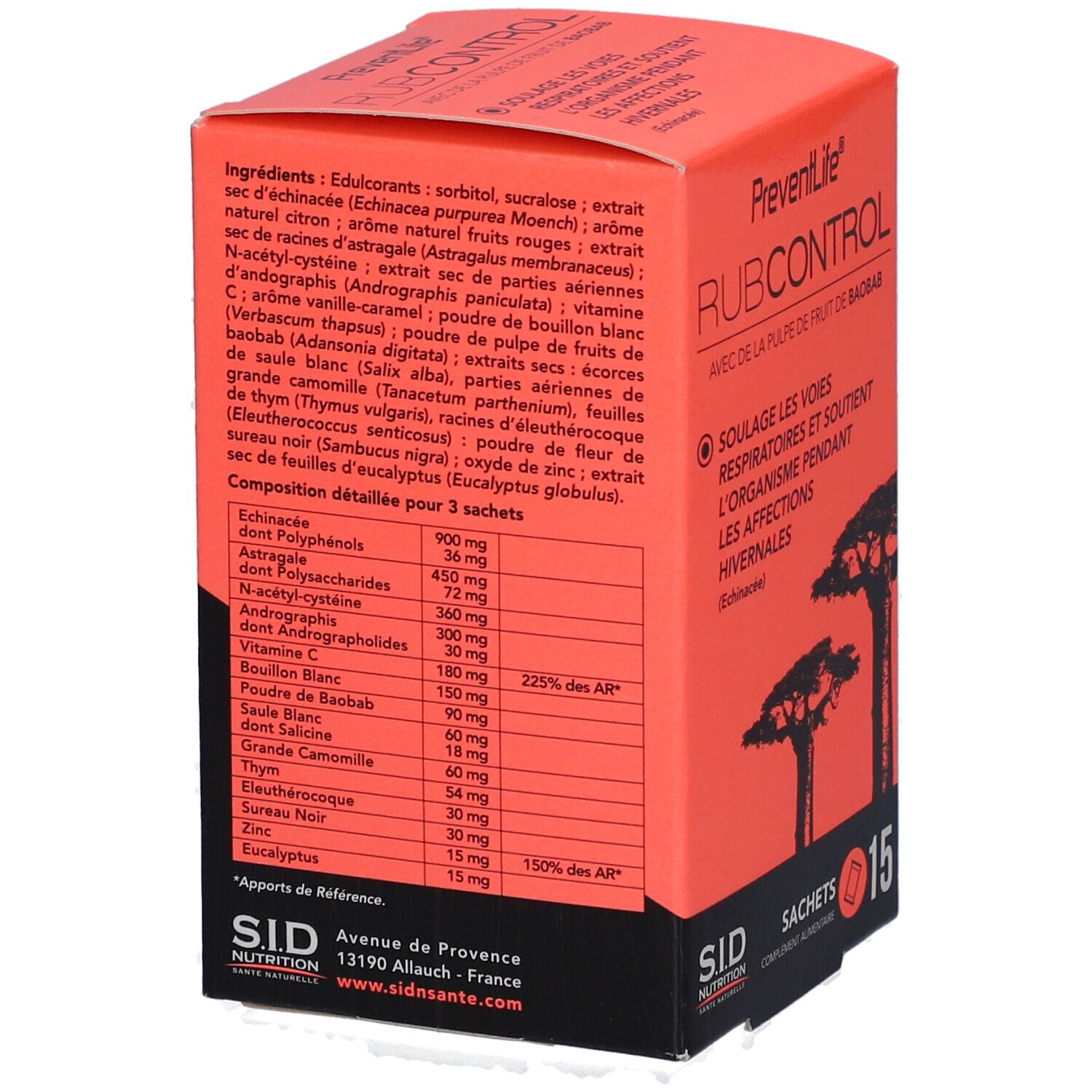Boîte rouge avec liste des ingrédients pour PREVENTLIFE RUBCONTROL SACH 15. Texte et informations nutritionnelles.