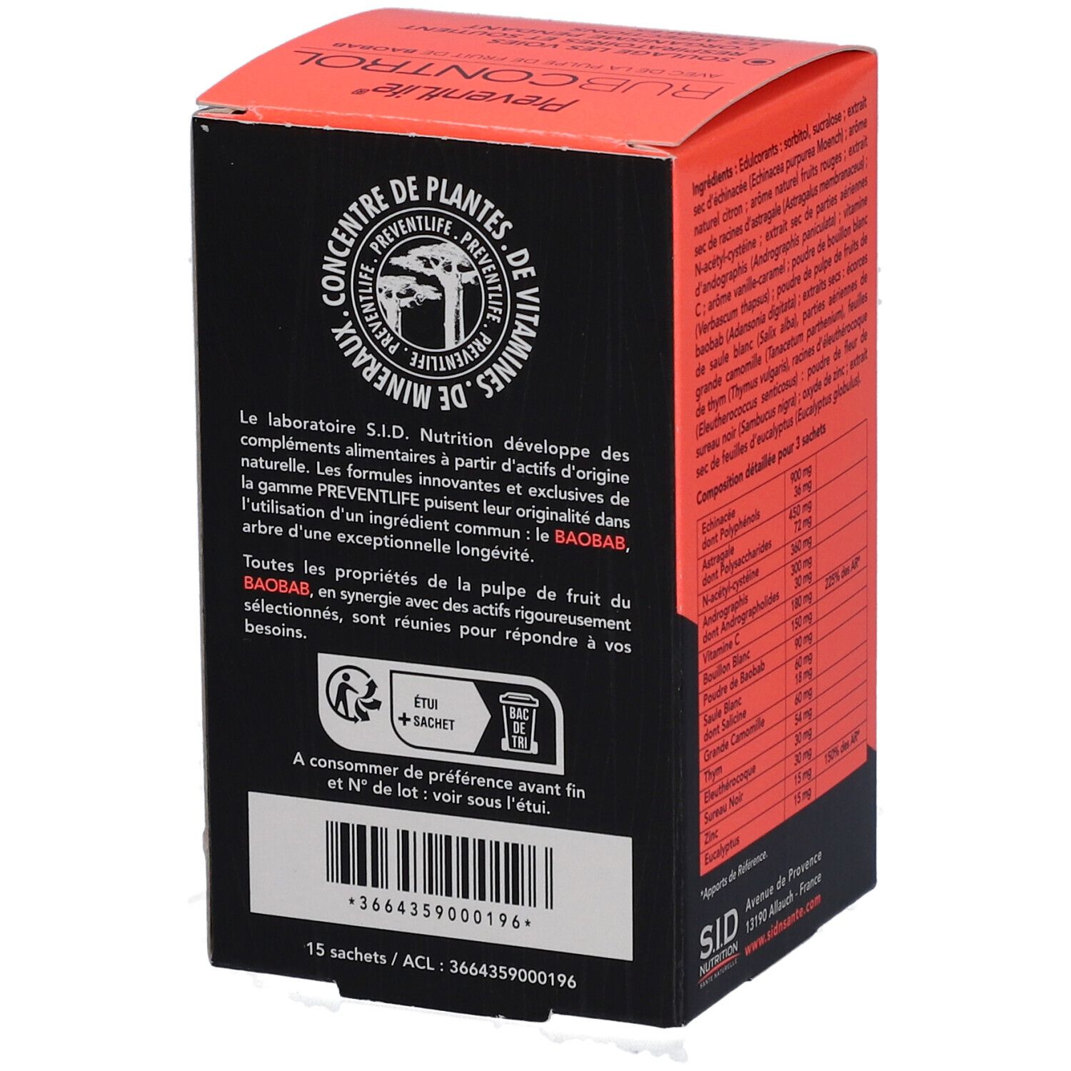 Boîte rouge PREVENTLIFE RUBCONTROL SACH 15. Texte: 'Concentré de plantes'. Dos avec texte et code-barres.