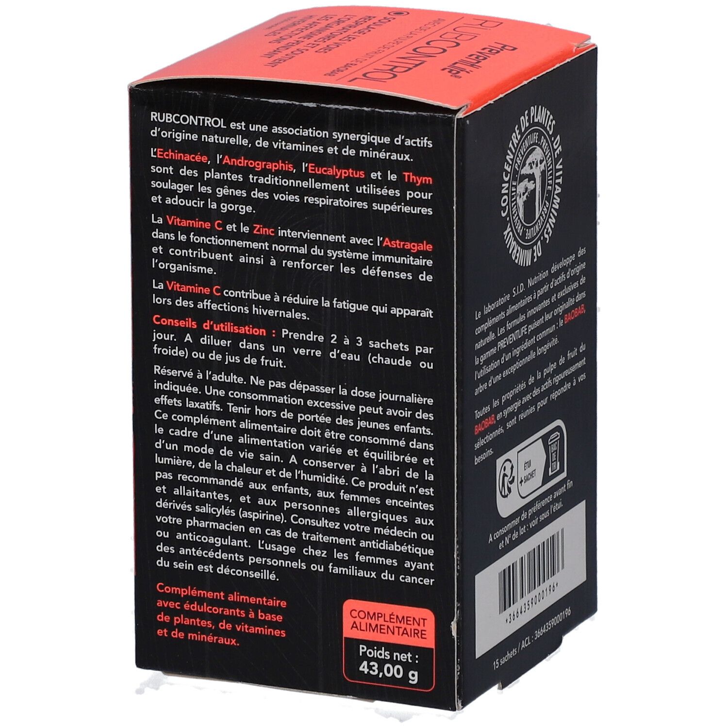 Boîte rouge PREVENTLIFE RUBCONTROL SACH 15. Texte: 'Conseils d'utilisation'. Dos avec texte et poids.