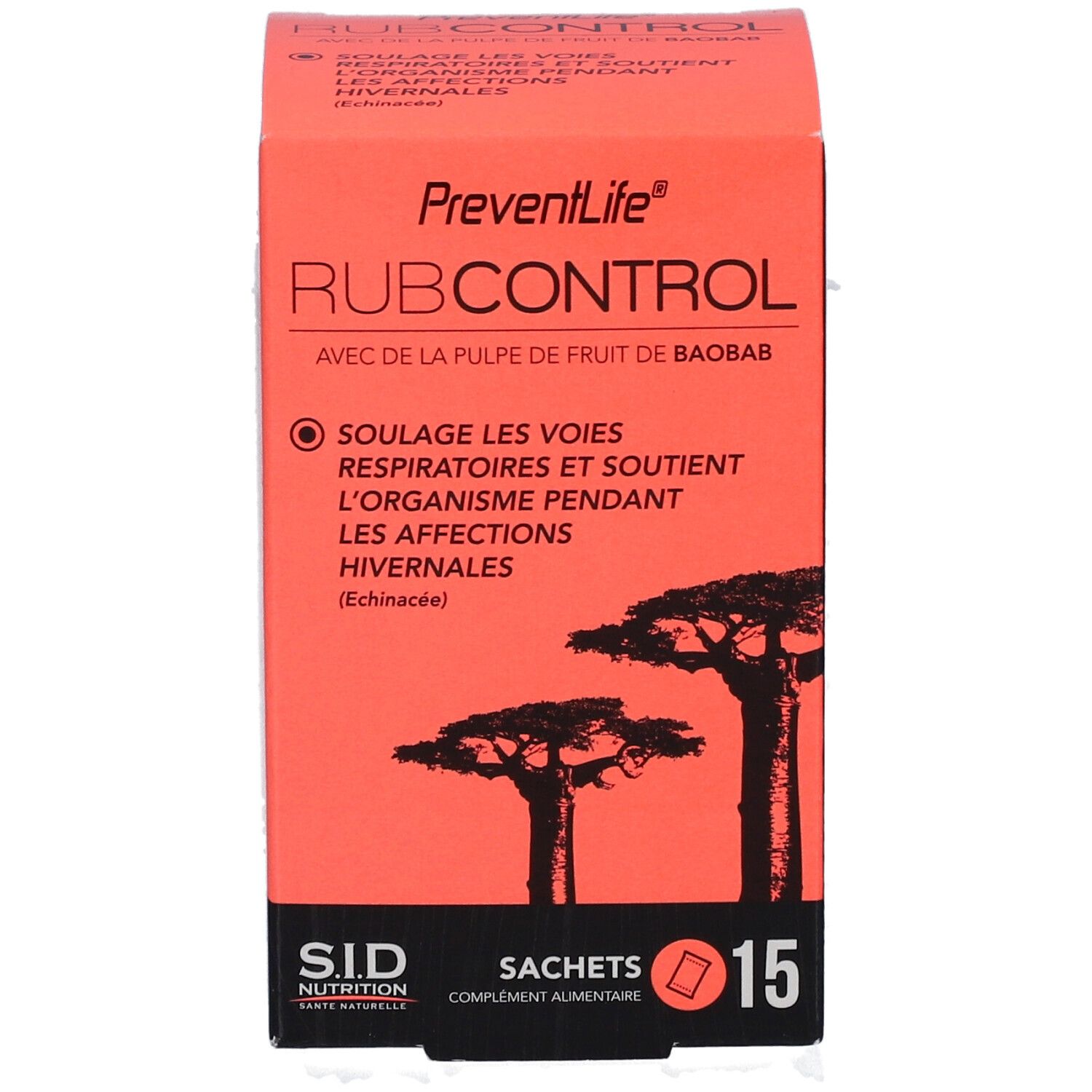 Boîte rouge PREVENTLIFE RUBCONTROL SACH 15. Texte: 'Soulae les voies respiratoires'. Illustration d'arbres.