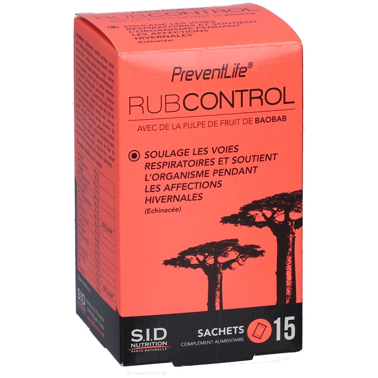 Boîte rouge PREVENTLIFE RUBCONTROL SACH 15. Texte: 'Soulae les voies respiratoires'. Illustration d'arbres.