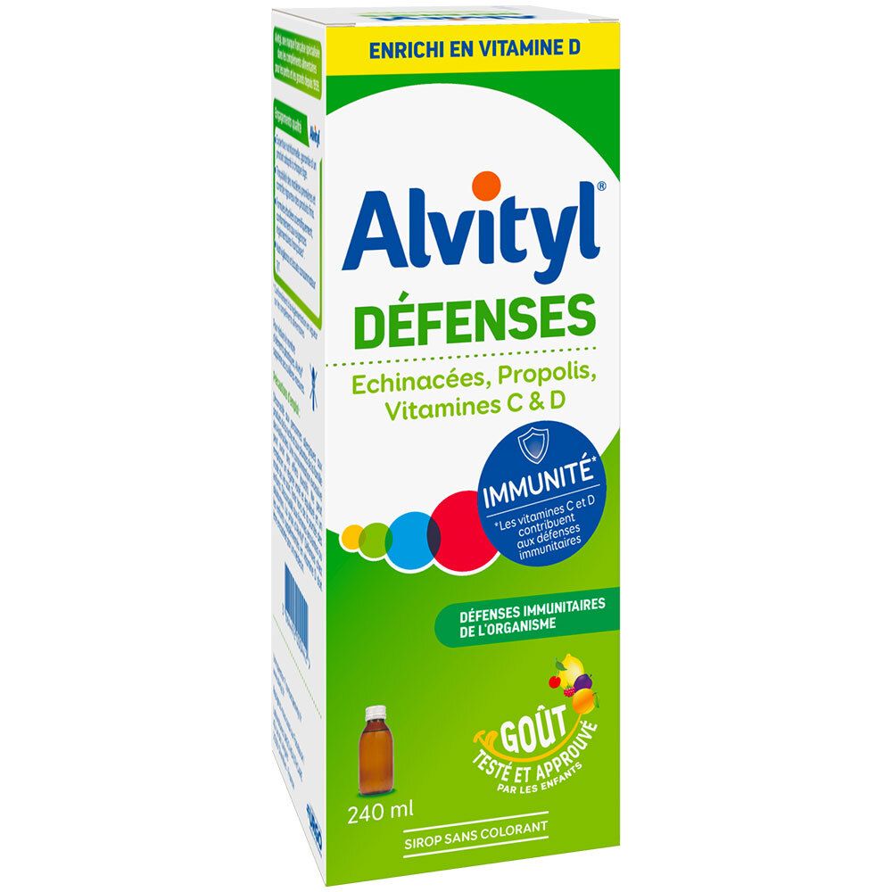Boîte Alvityl Défenses Sirop. Contient échinacée, propolis, vitamines C & D. Emballage vert et blanc.