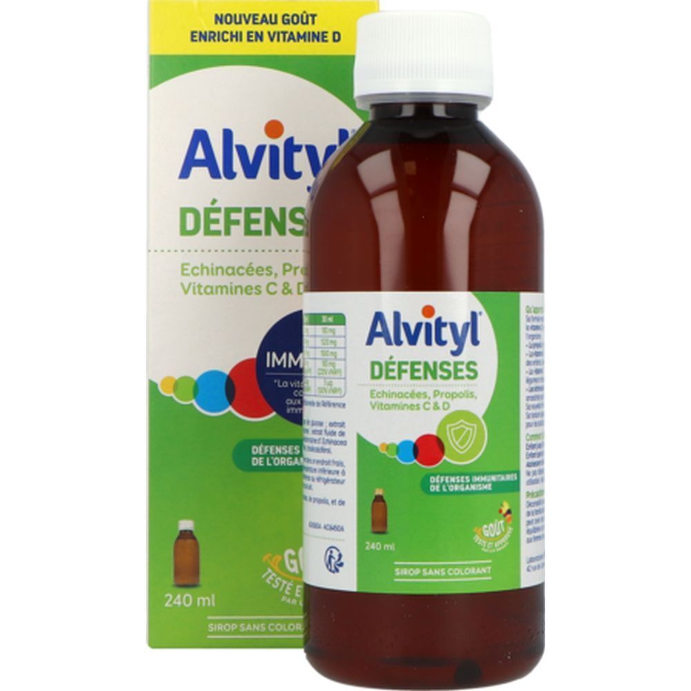 Flacon et boîte Alvityl Défenses Sirop. Flacon brun, bouchon blanc. Contient échinacée, propolis, vitamines C & D.