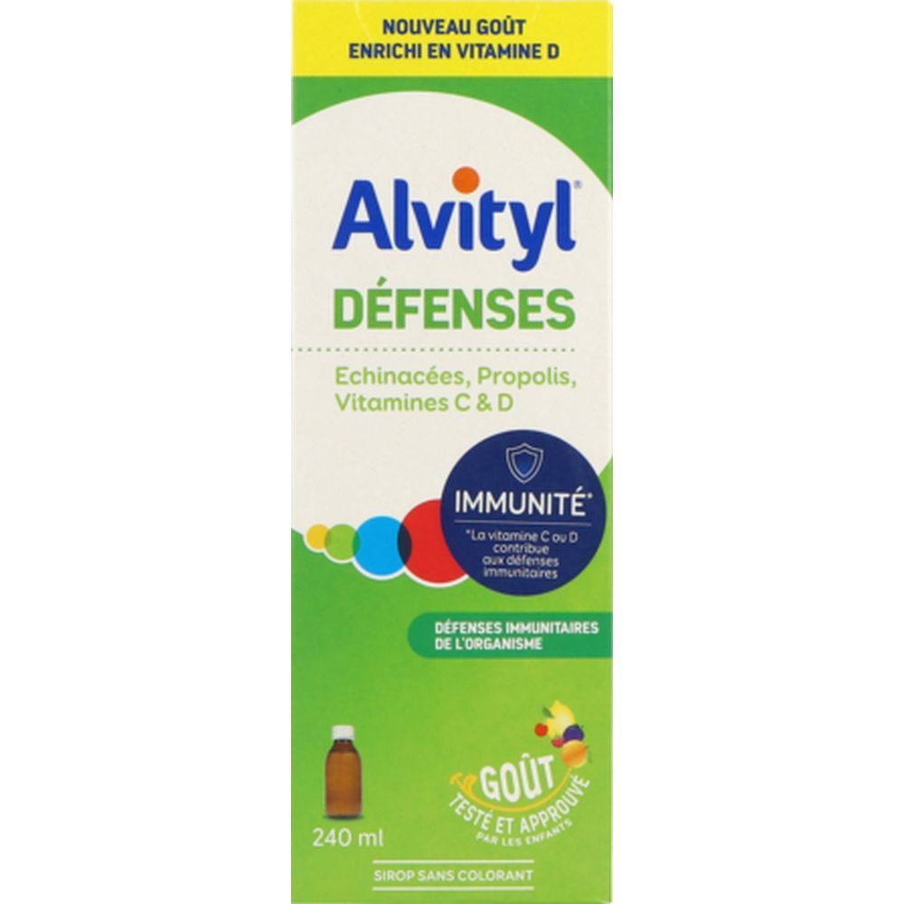 Boîte Alvityl Défenses Sirop. Contient échinacée, propolis, vitamines C & D. Emballage vert et blanc.